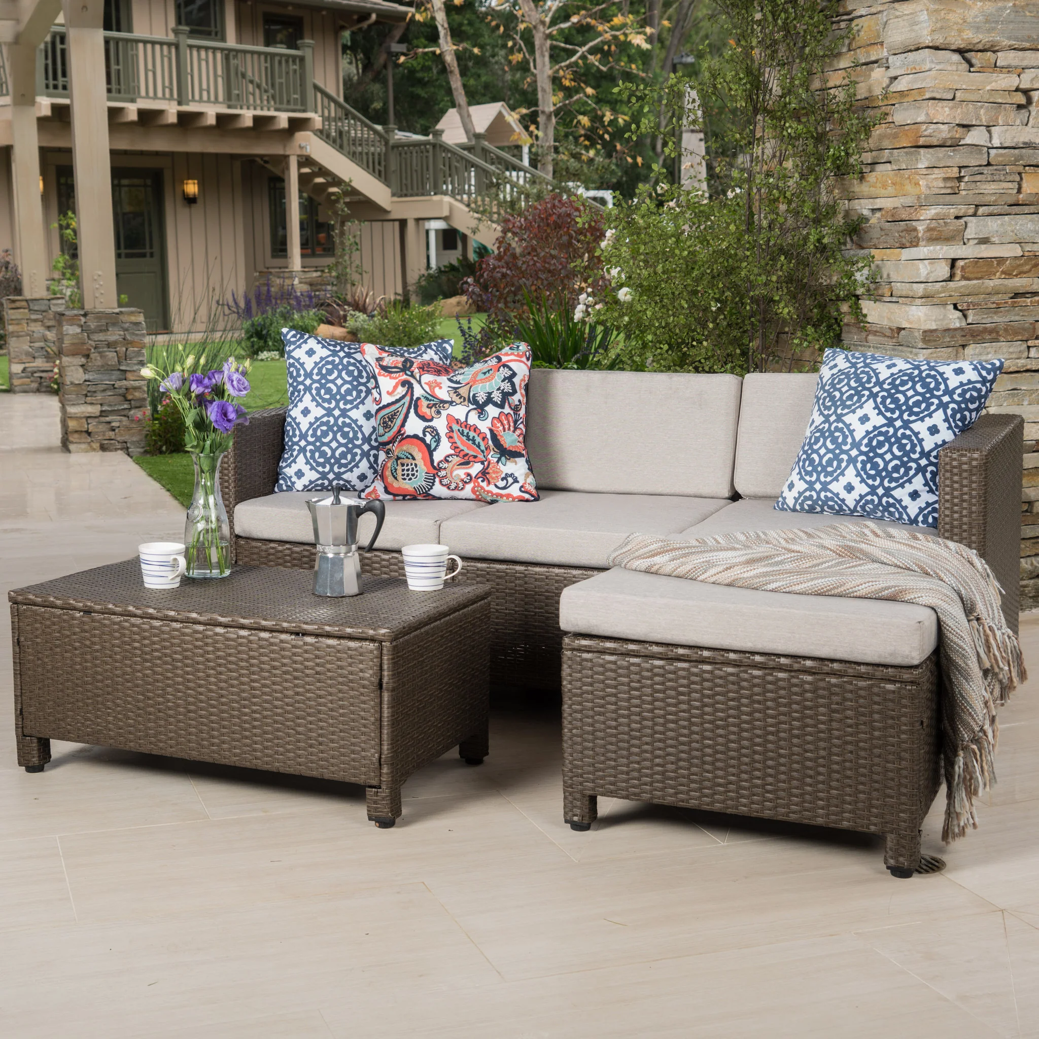 Budva Outdoor L-shape Brown Wicker Sofa w/ Ceramic Gray Cushions - furnishings
