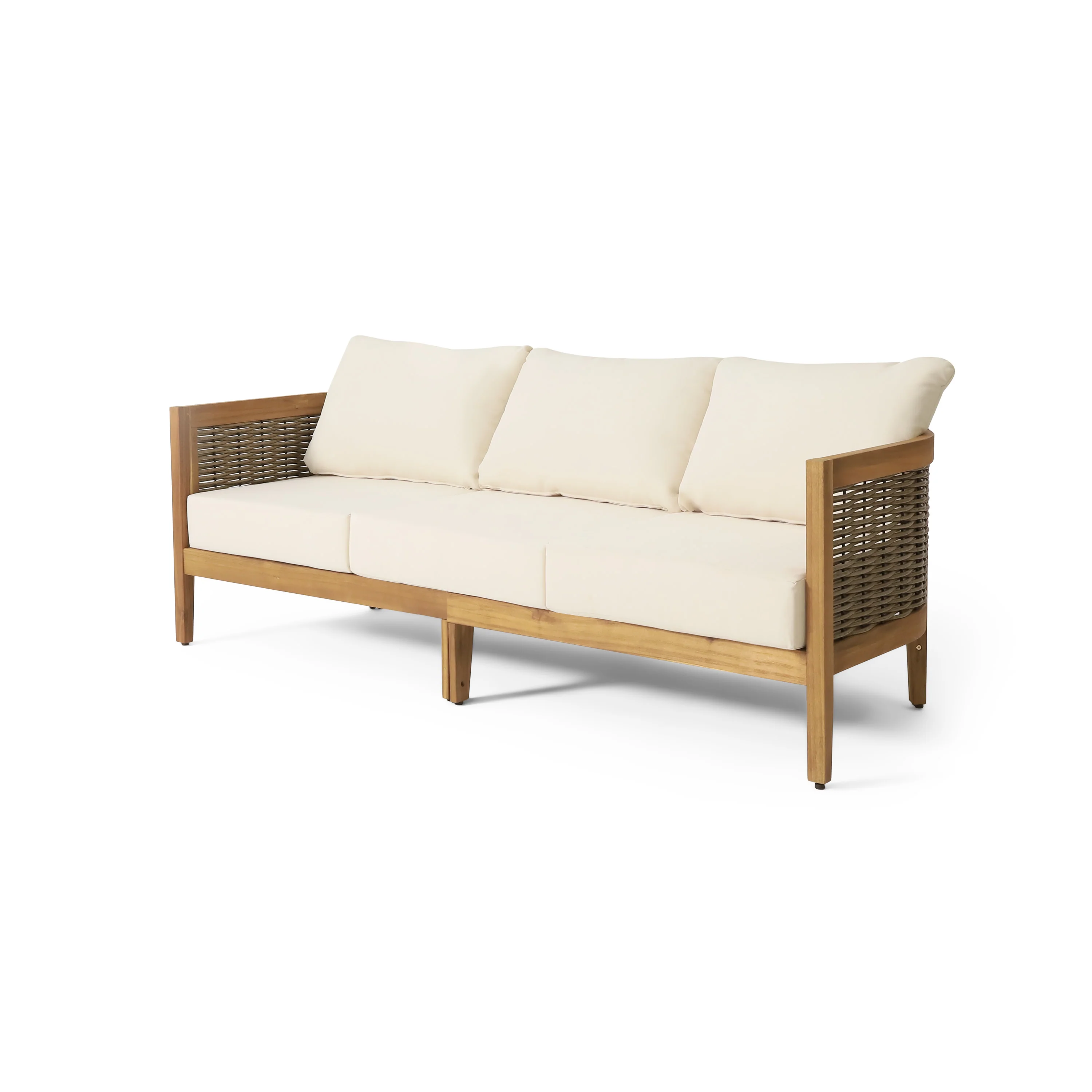 The Crowne Collection Outdoor Acacia Wood and Round Wicker 3 Seater Sofa with Cushions, Teak, Mixed Brown, and Beige - furnishings