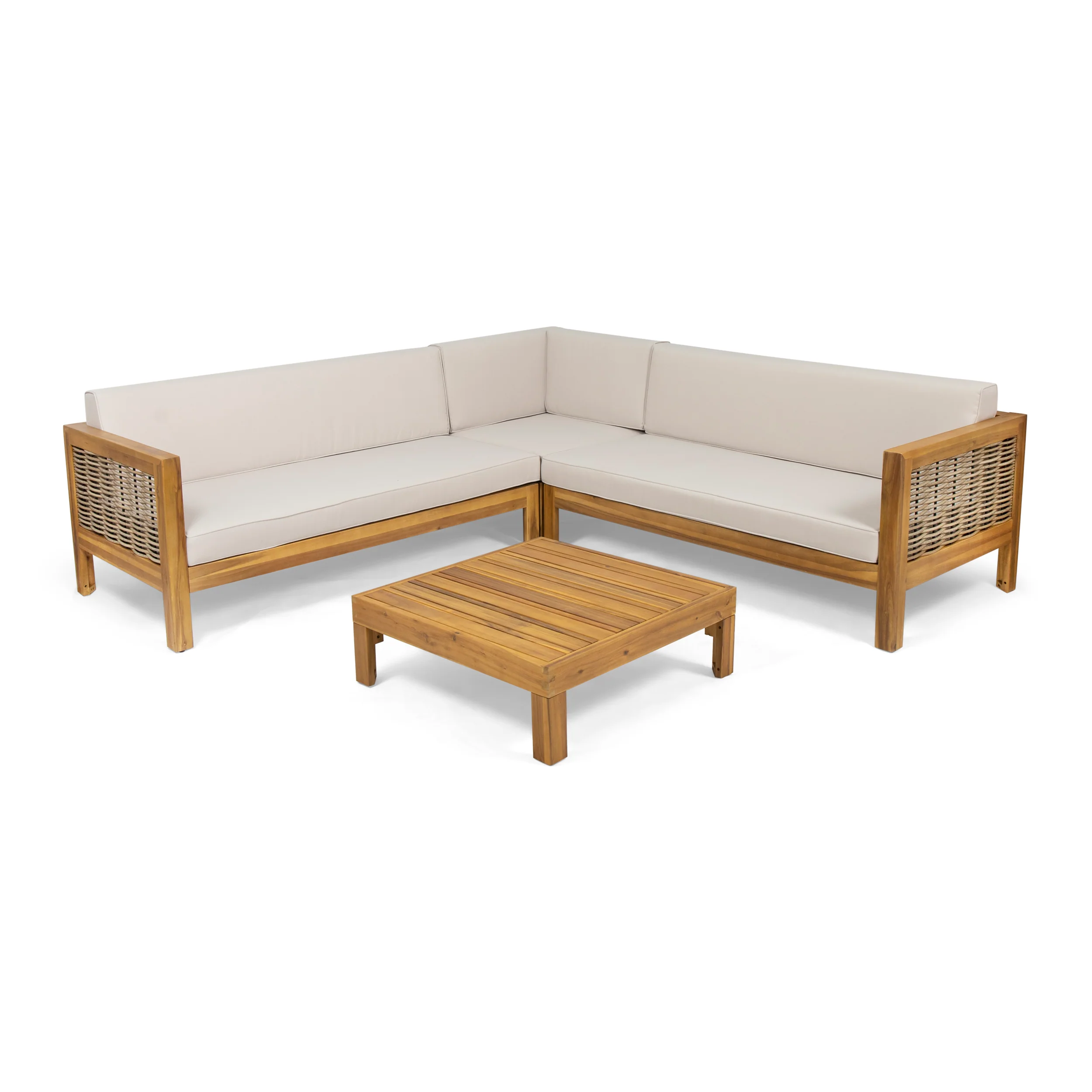 Elizabeth Outdoor Wood and Wicker 5 Seater Sectional Sofa and Coffee Table Set - furnishings