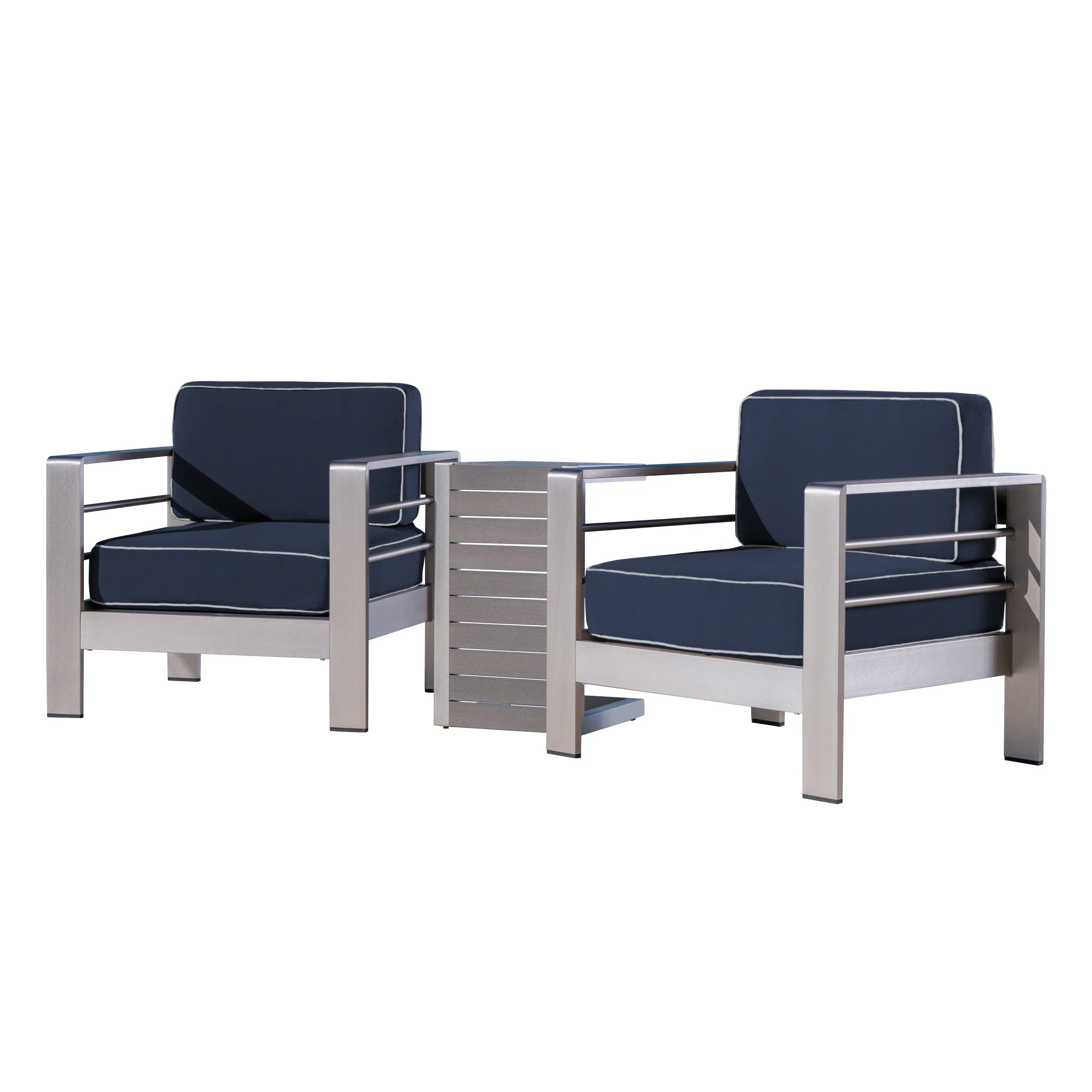 Zona Outdoor Aluminum Club Chairs and Faux Wood Side Table Set with Cushions - furnishings