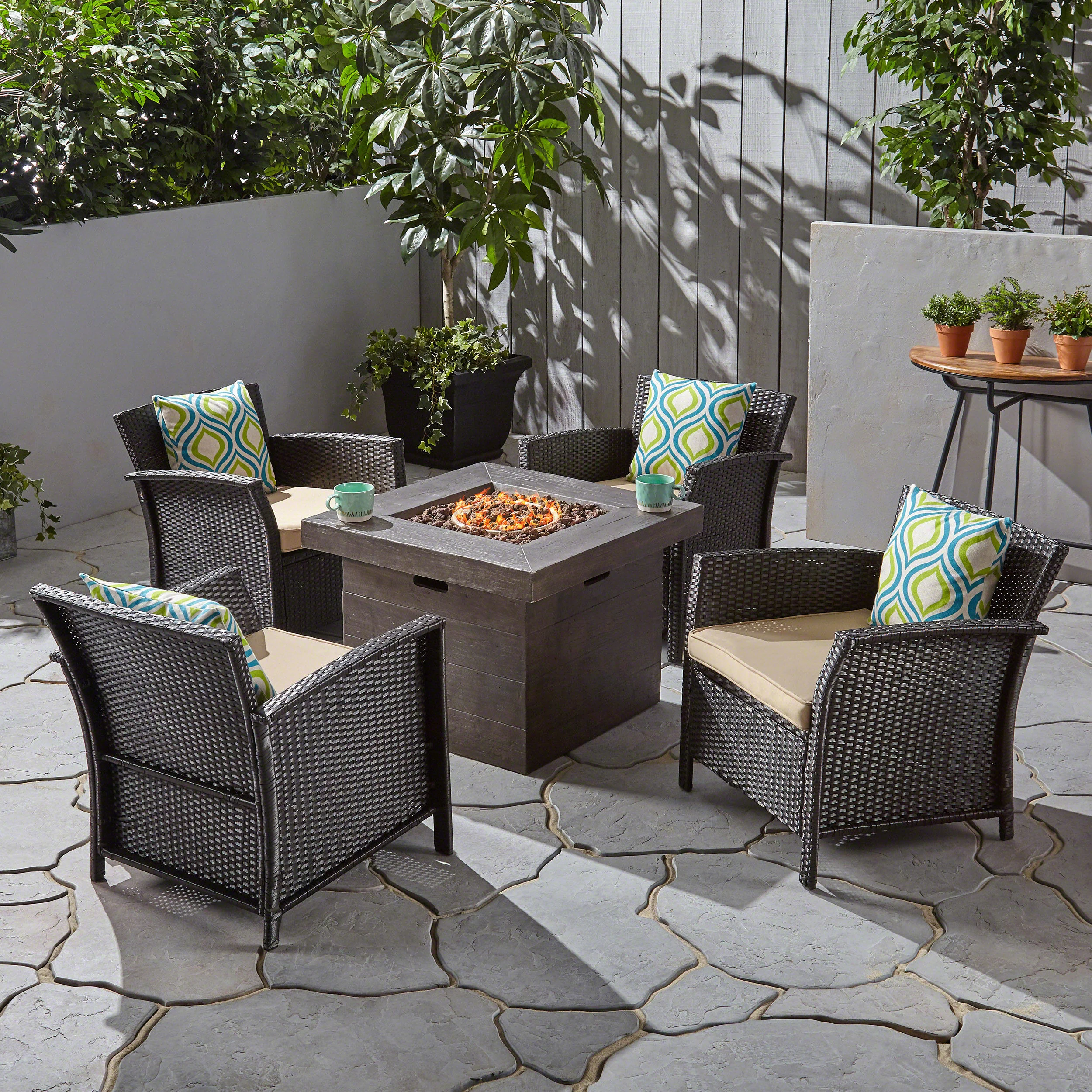 Laiah Outdoor 4 Piece Wicker Club Chair Chat Set with Wood Finished Fire Pit - furnishings