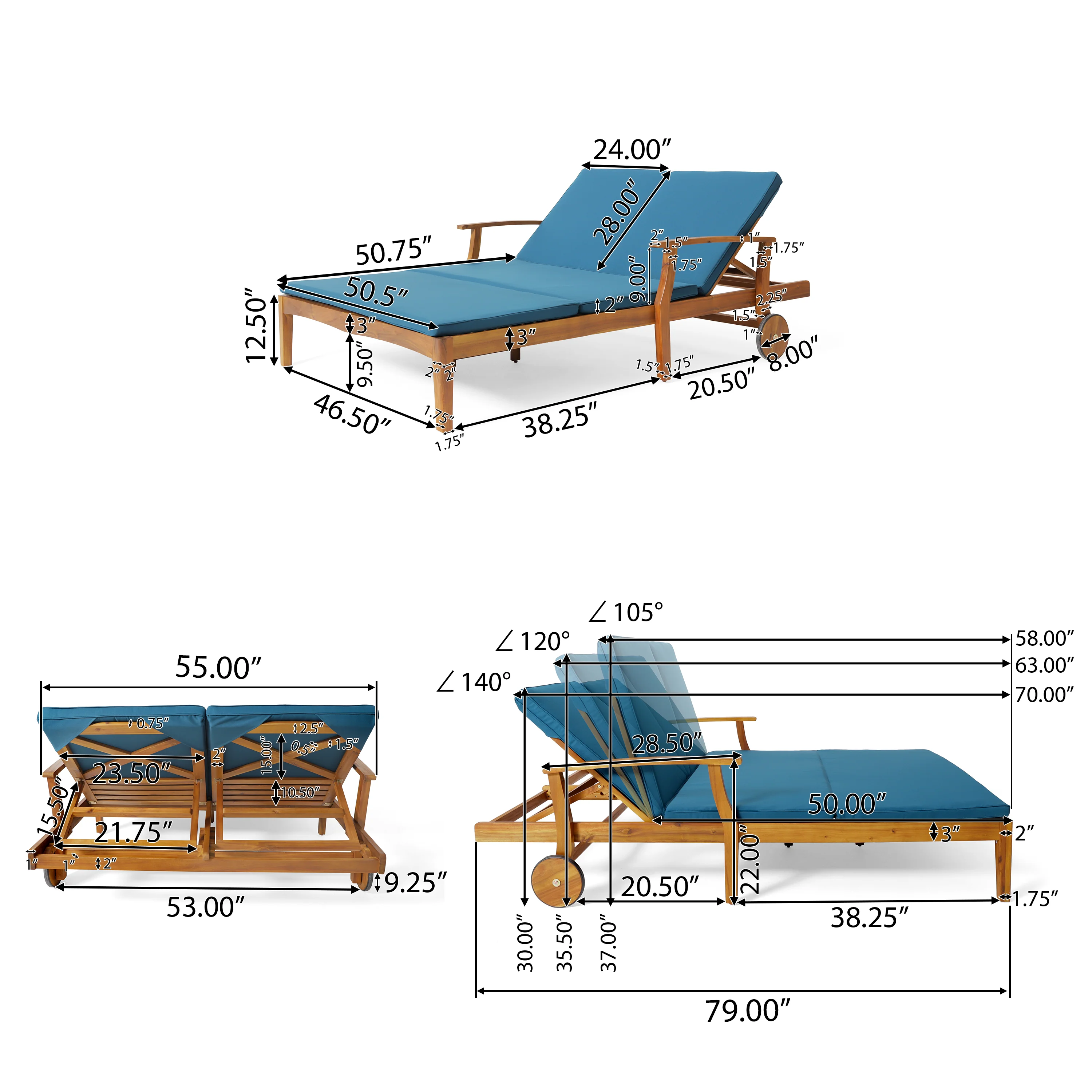 Samantha Double Chaise Lounge for Yard and Patio, Acacia Wood Frame - furnishings