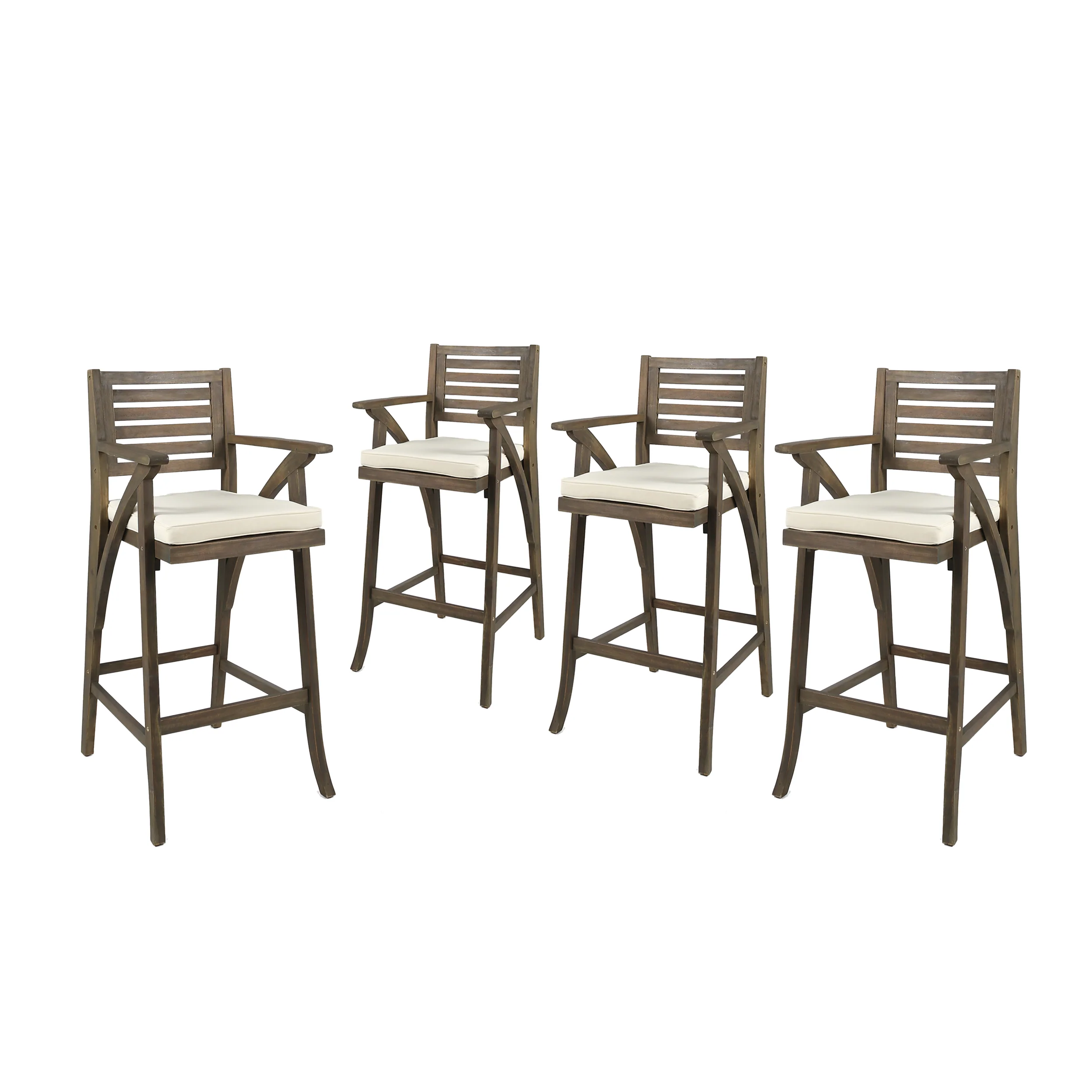 Hermosa Outdoor Acacia Wood Barstool (Set of 4), Grey with Cream Cushion - furnishings