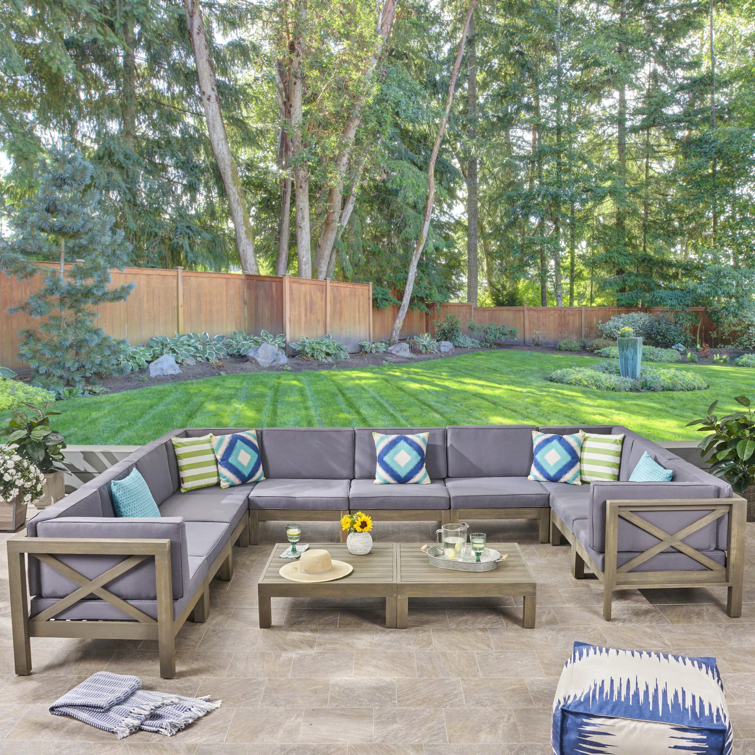 Cynthia Outdoor Acacia Wood 12-Piece U-Shaped Sectional Sofa Set with Two Coffee Tables - furnishings