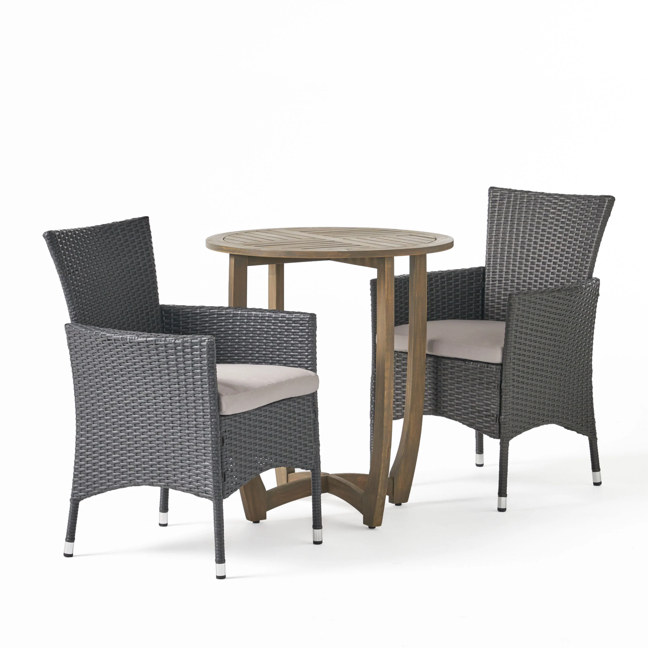 Lori Outdoor 3 Piece Wood and Wicker Bistro Set, Gray and Gray - furnishings