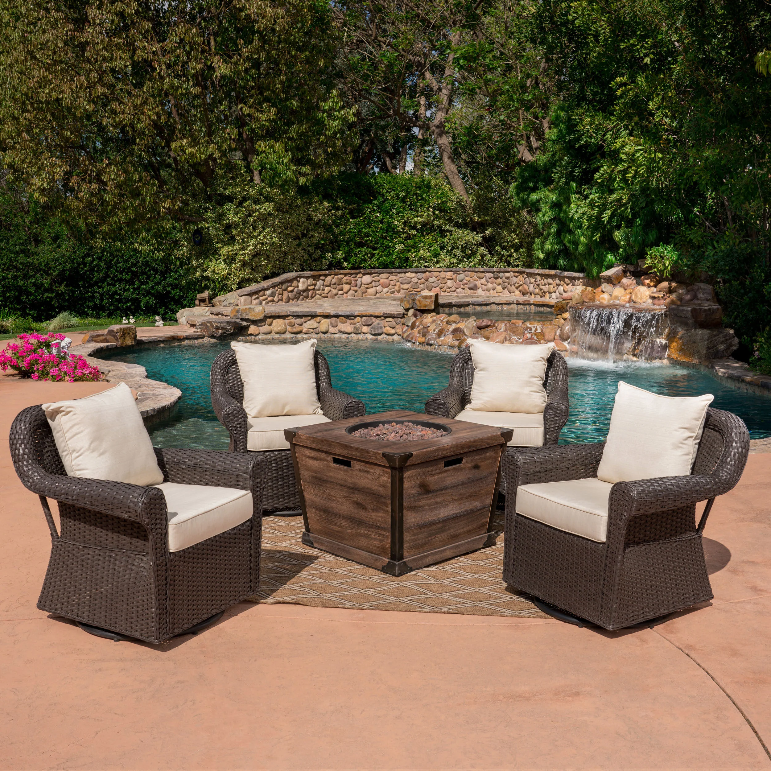 Parker Outdoor 5 Piece Wicker Swivel Club Chair with Aluminum Frame and Fire Pit Set, Dark Brown with Beige and Brown - furnishings
