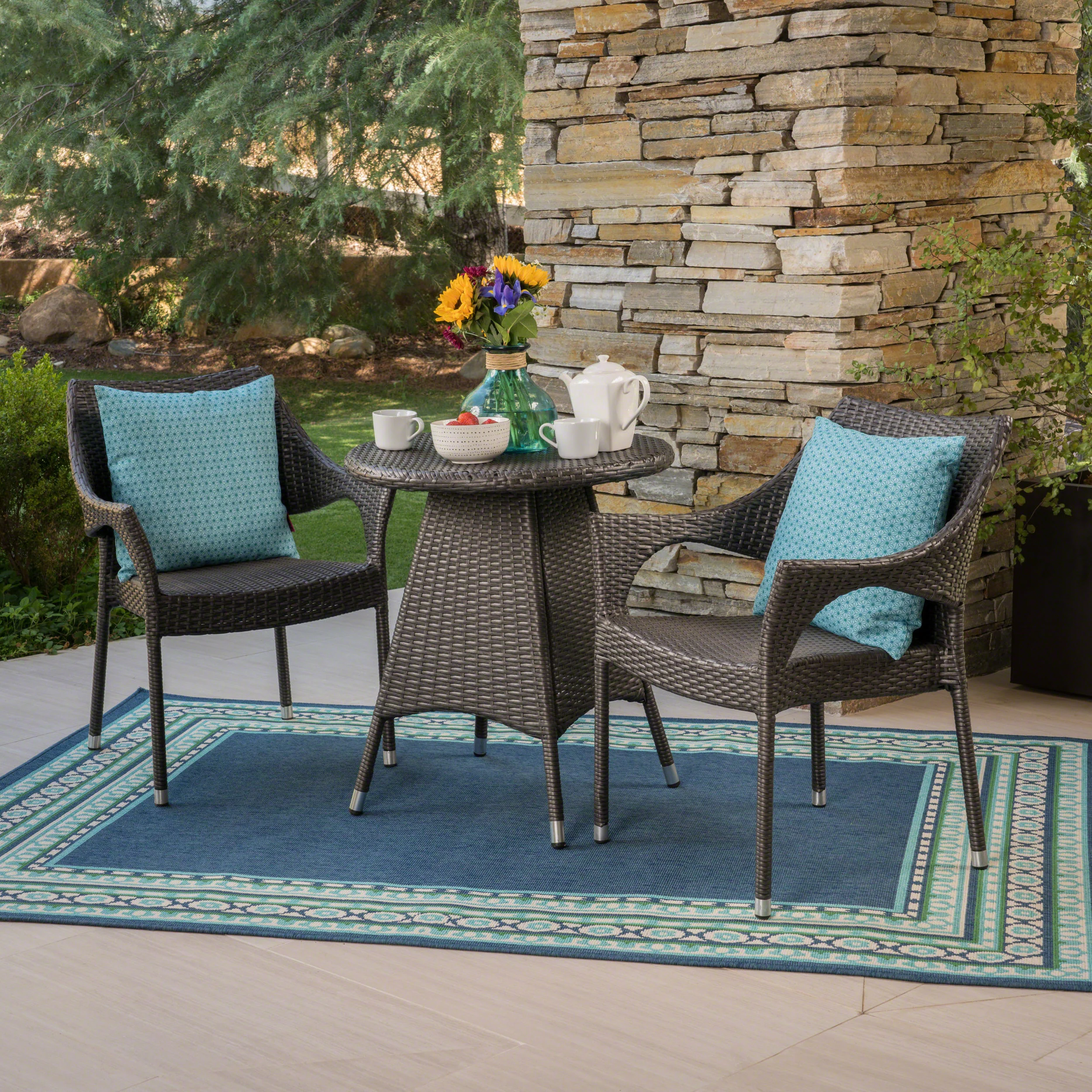 Edna Outdoor 3 Piece Wicker Bistro Set, Grey - furnishings