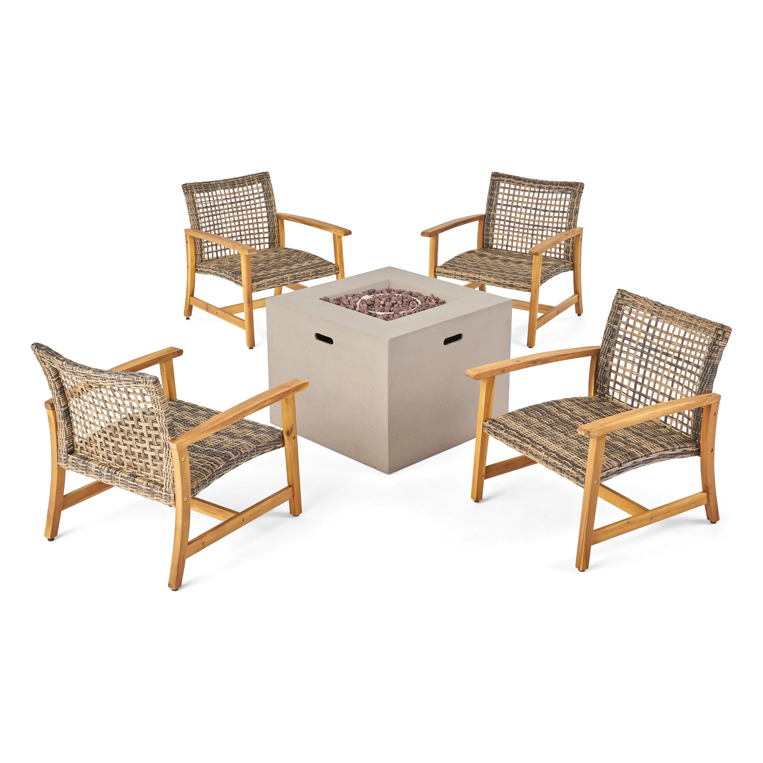Tabby Outdoor 5 Piece Wood and Wicker Club Chairs and Fire Pit Set - furnishings