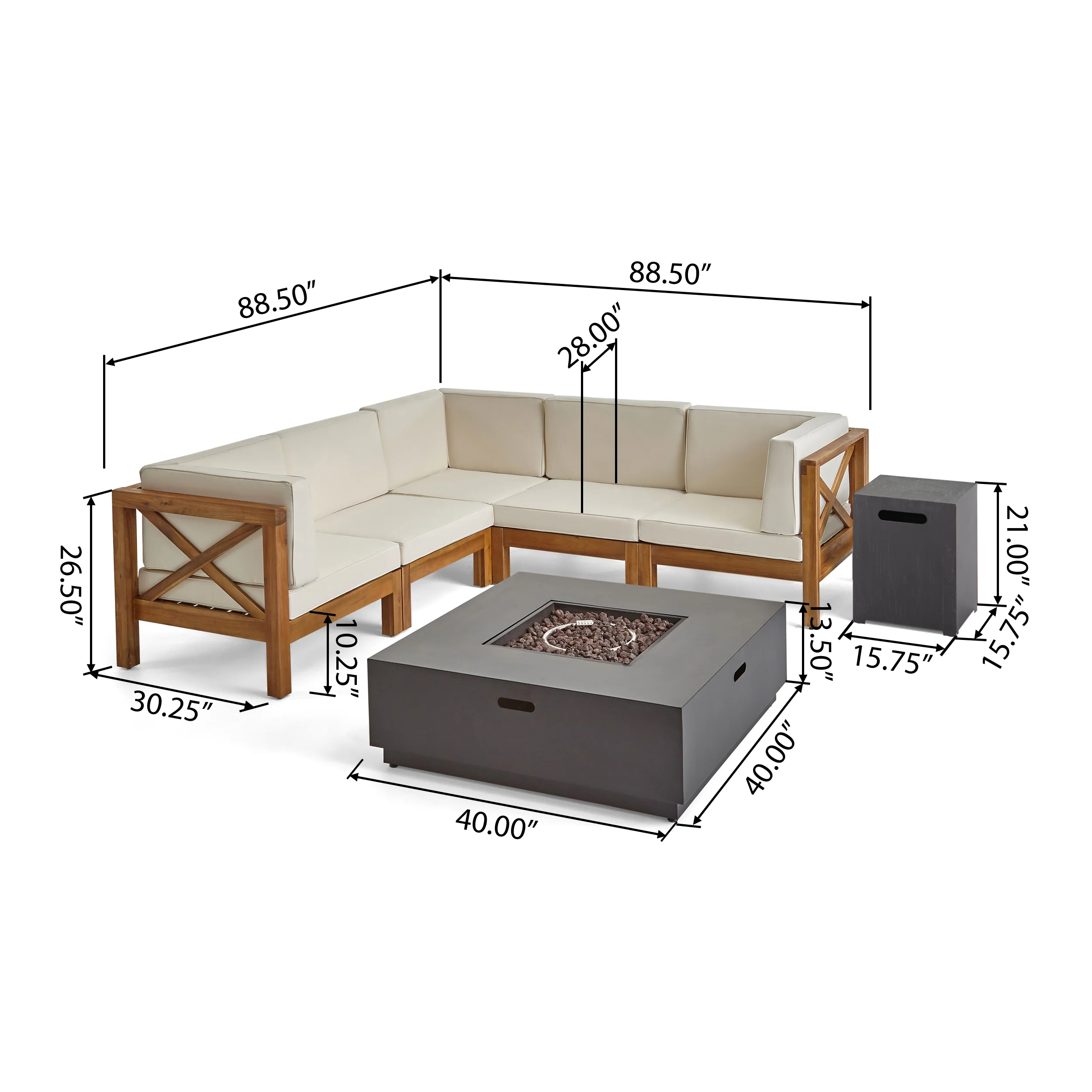 Gina Outdoor Acacia Wood 5 Seater Sectional Sofa Set with Fire Pit - furnishings