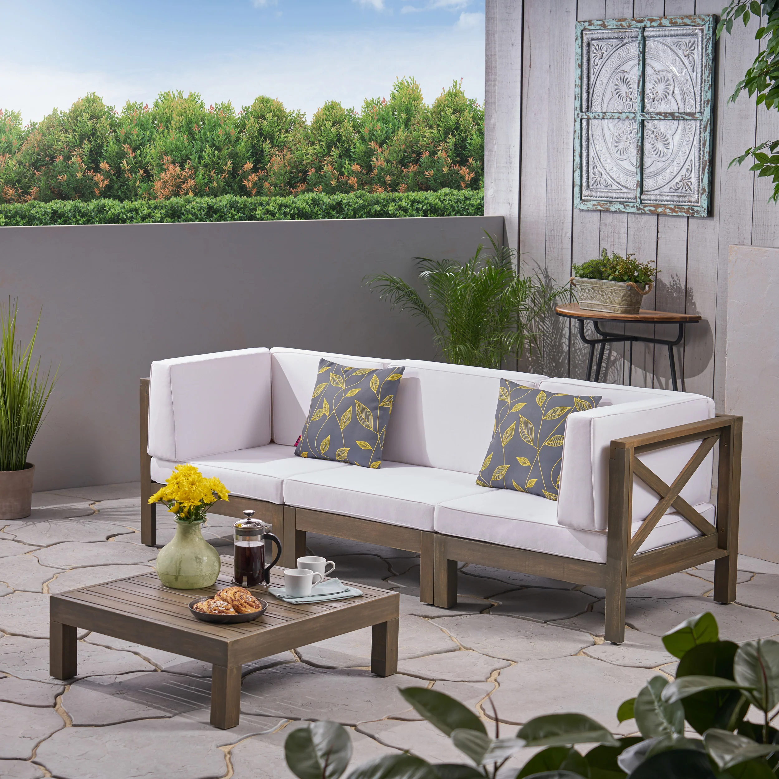 Keith Outdoor Sectional Sofa Set with Coffee Table  3-Seater  Acacia Wood  Water-Resistant Cushions - furnishings