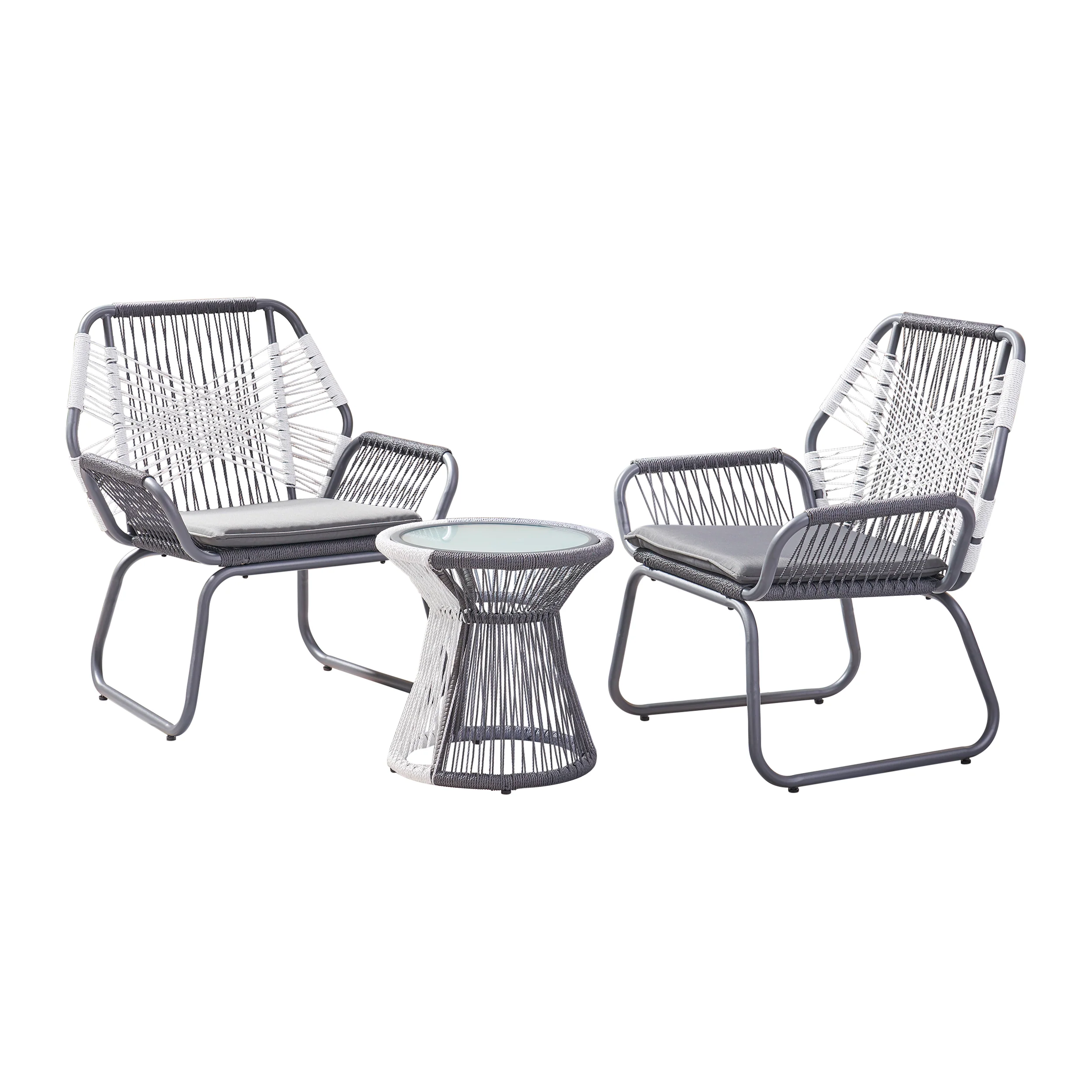 Connie Outdoor 3 Piece Rope and Steel Chat Set, Gray Finish and White - furnishings