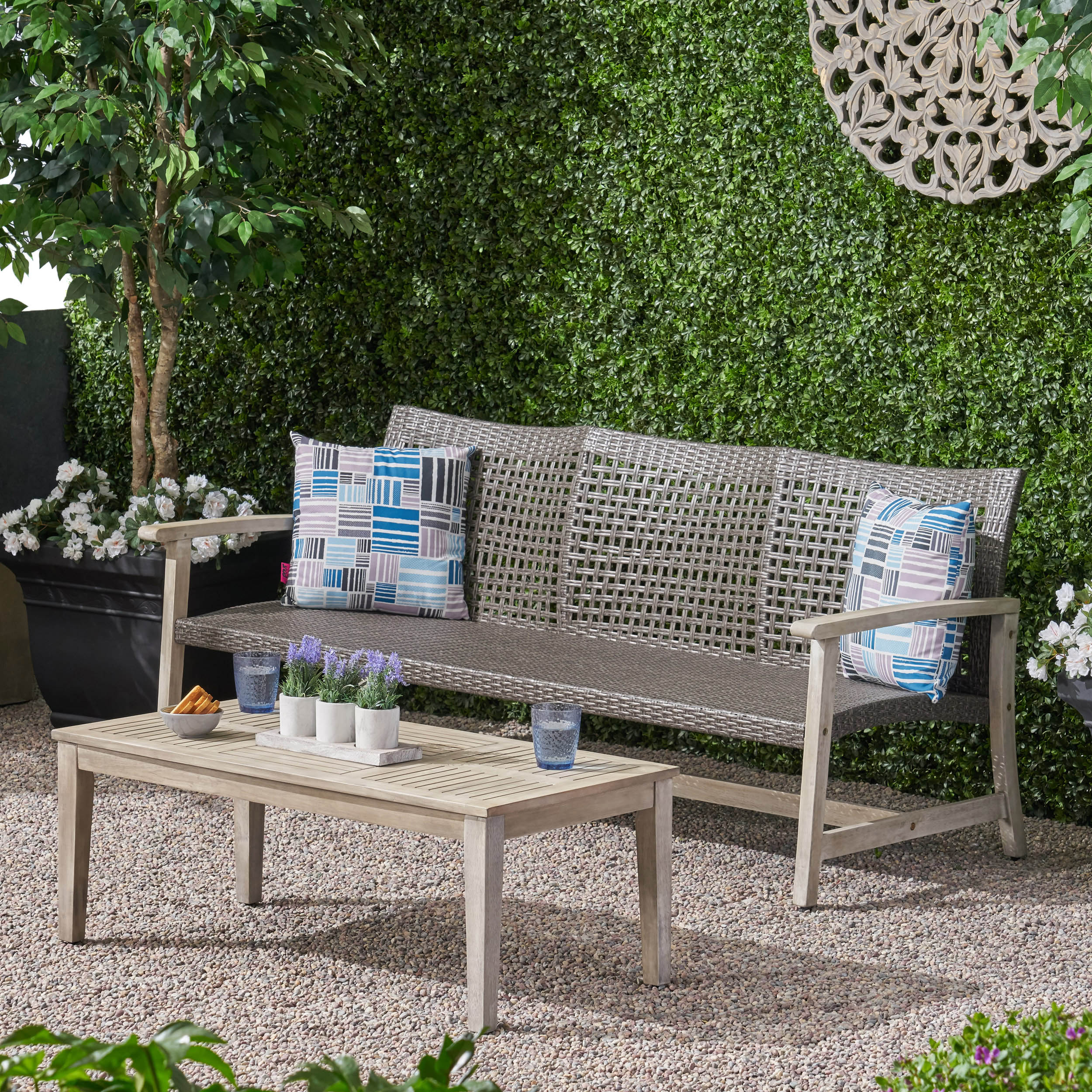 Beacher Belloc Outdoor Wood and Wicker Sofa and Coffee Table Set - furnishings
