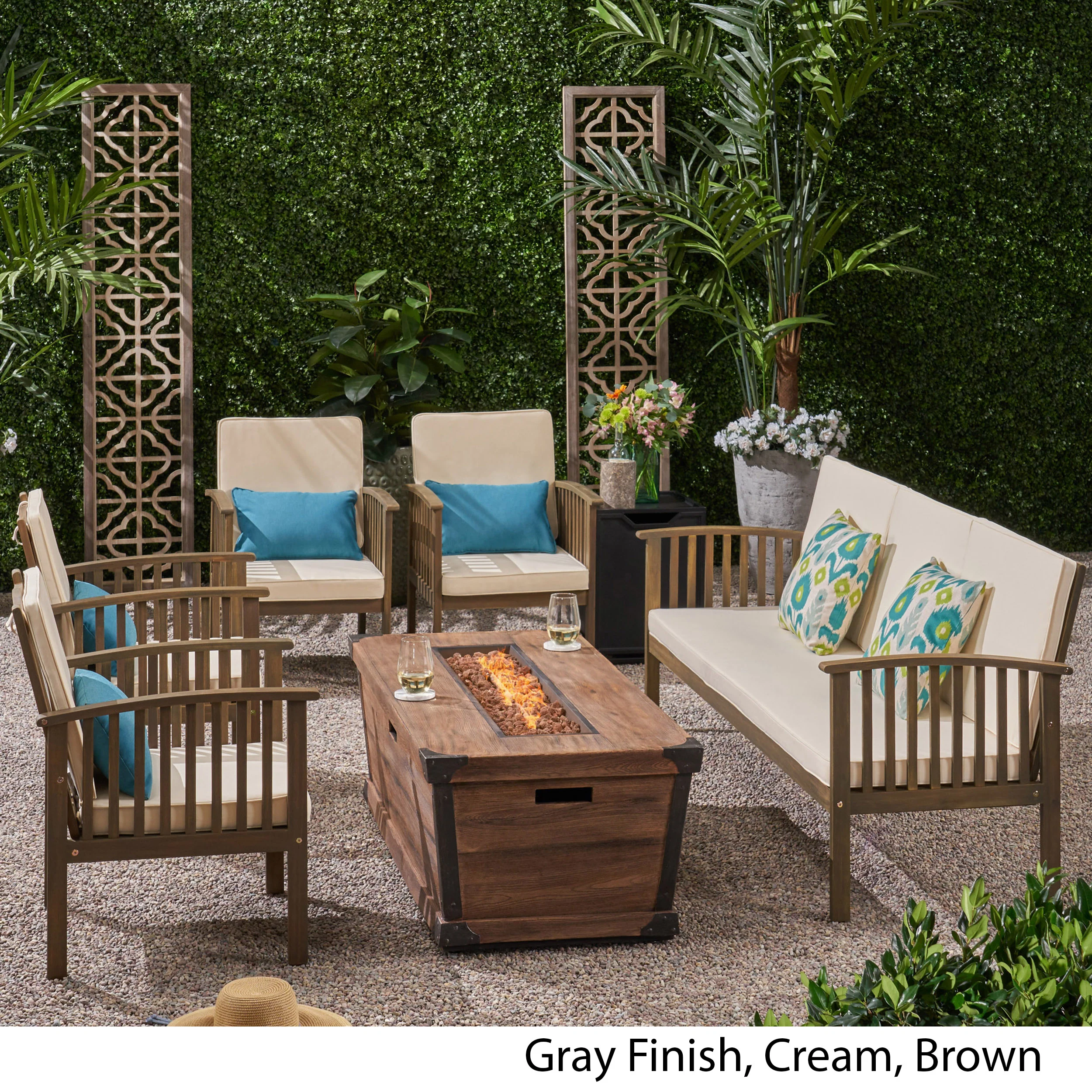 Beckley Outdoor 5 Piece Acacia Wood Conversational Set with Cushions and Fire Pit - furnishings