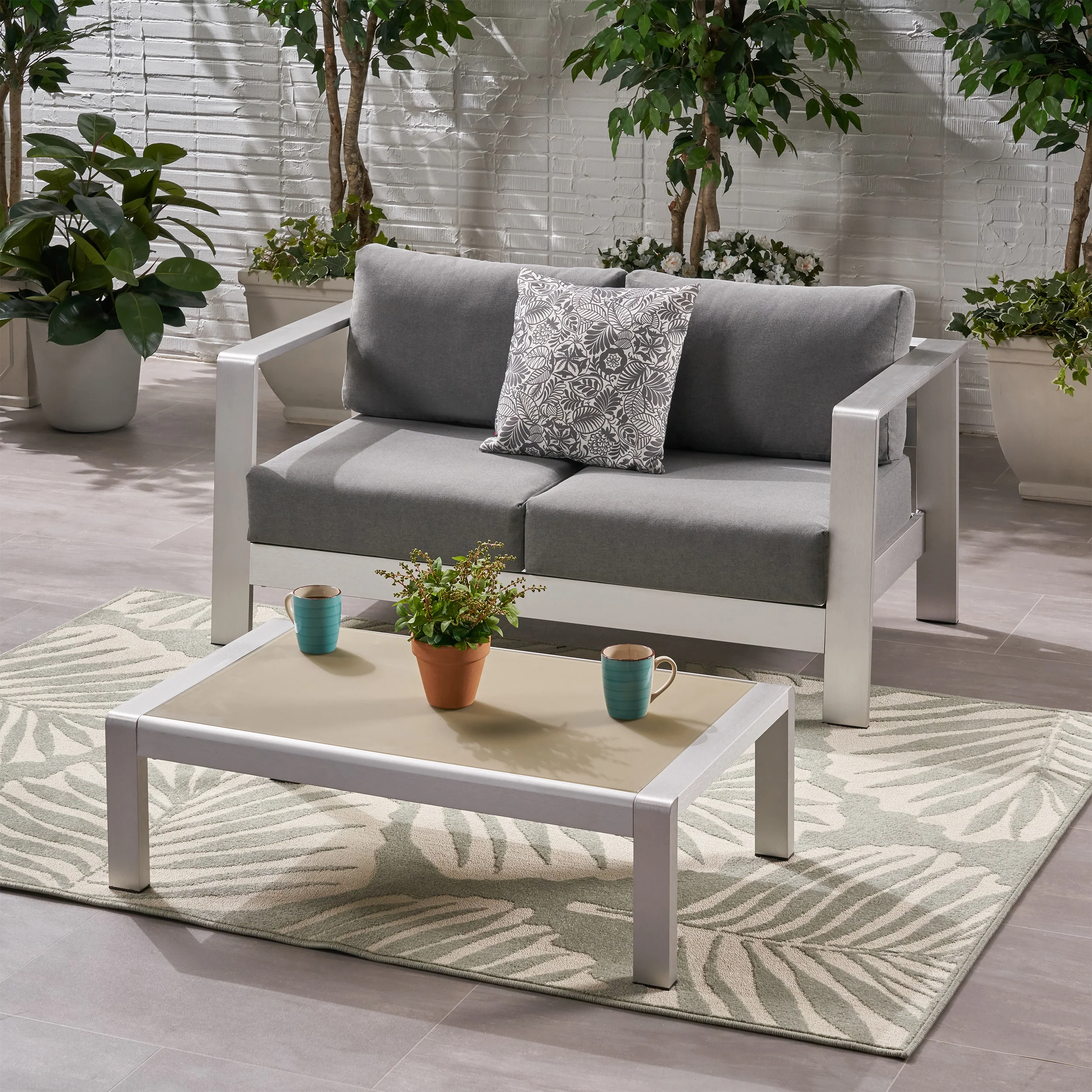Laraine Outdoor Aluminum Club Chair and Coffee Table Set with Cushions - furnishings