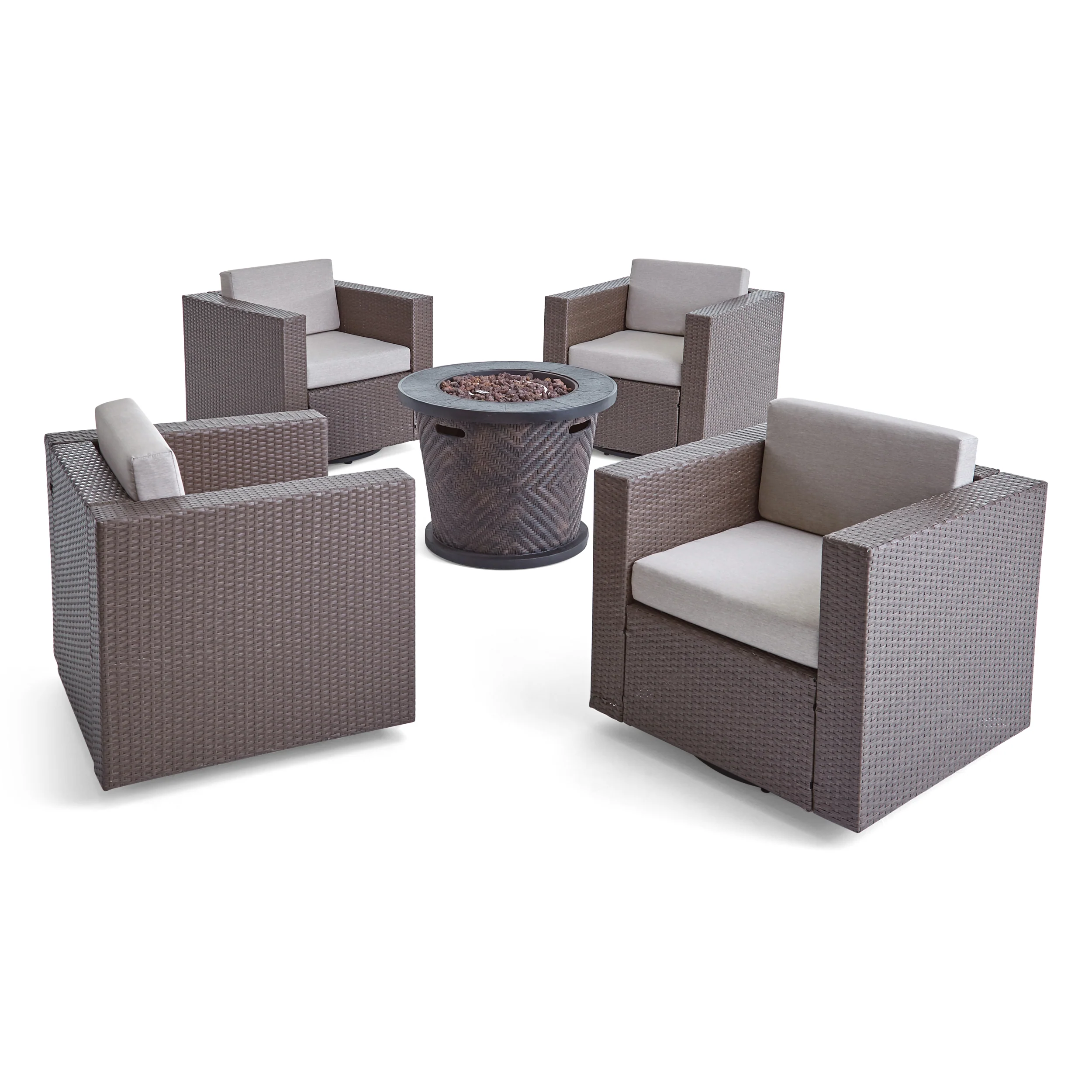 Liyam Outdoor 4 Piece Wicker Swivel Chair Set with Fire Pit, Brown and Brown - furnishings