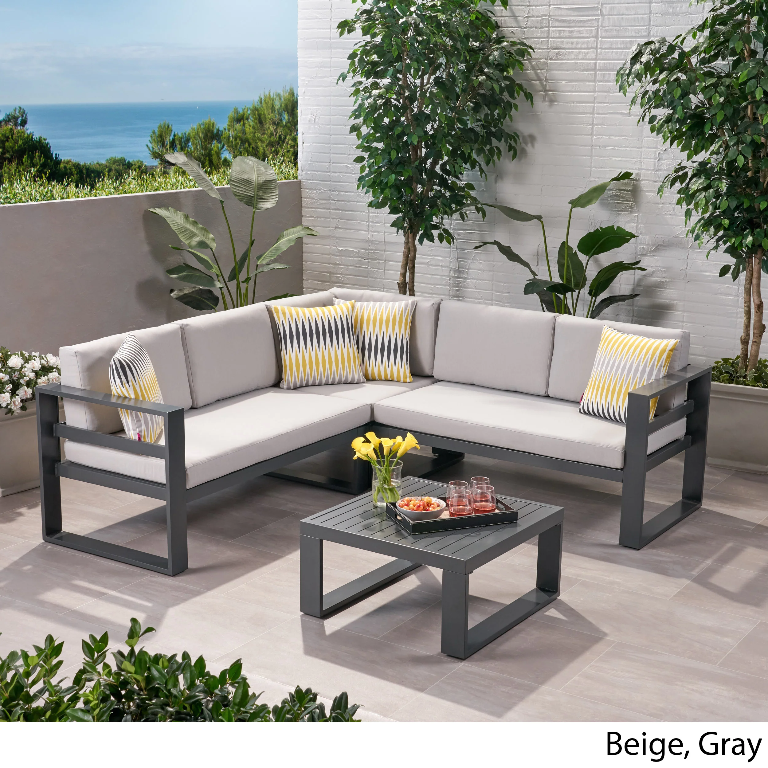 Queena Outdoor Aluminum Sofa Sectional with Coffee Table - furnishings