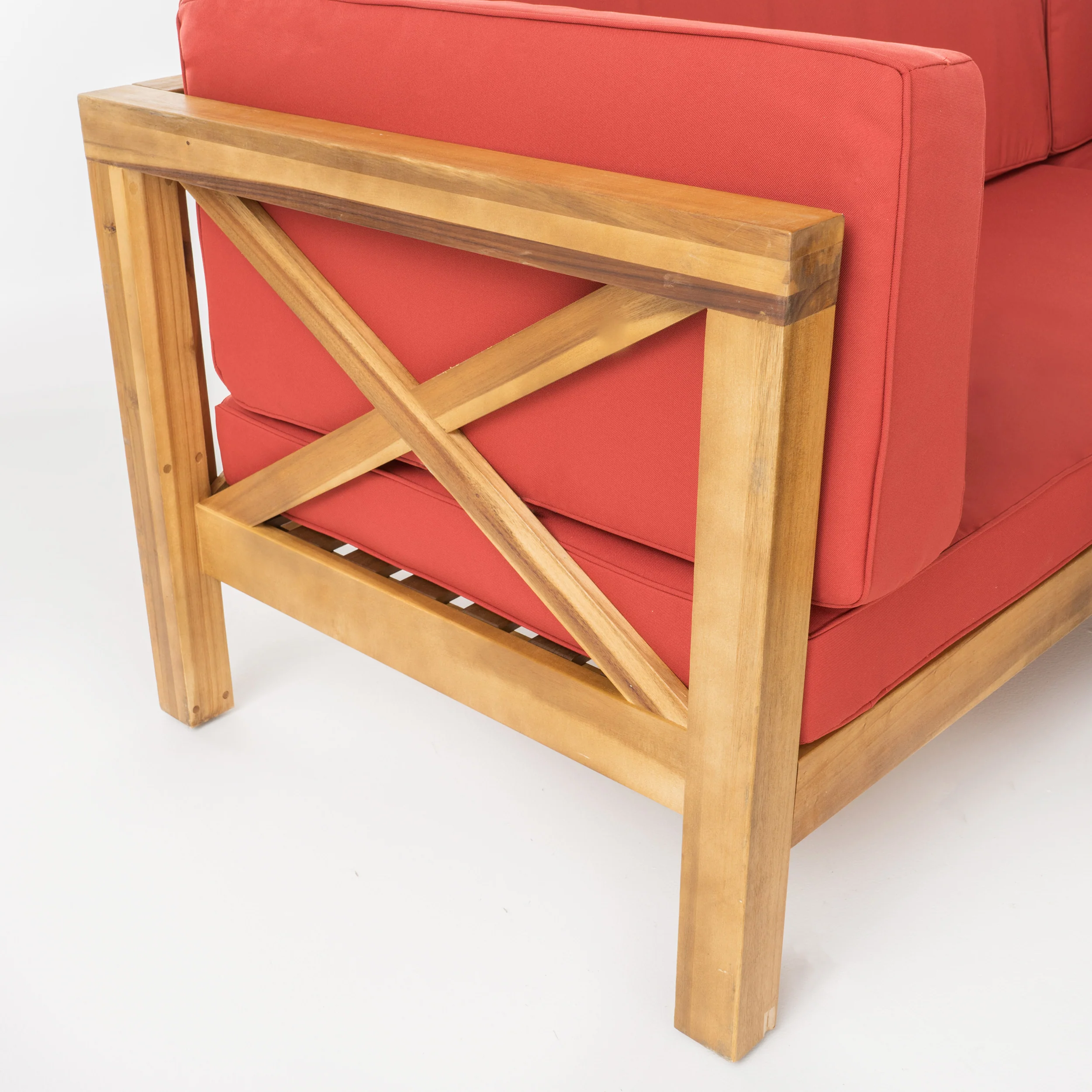 Keith Outdoor Acacia Wood Left Arm Loveseat and Coffee Table Set with Cushion - furnishings