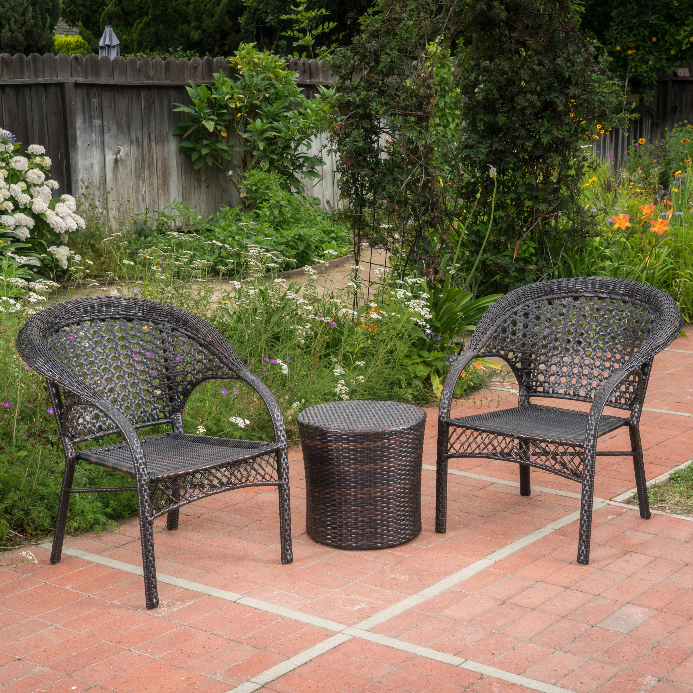 Mystic Outdoor 3 Piece Multi-brown Wicker Stacking Chair Chat Set - furnishings