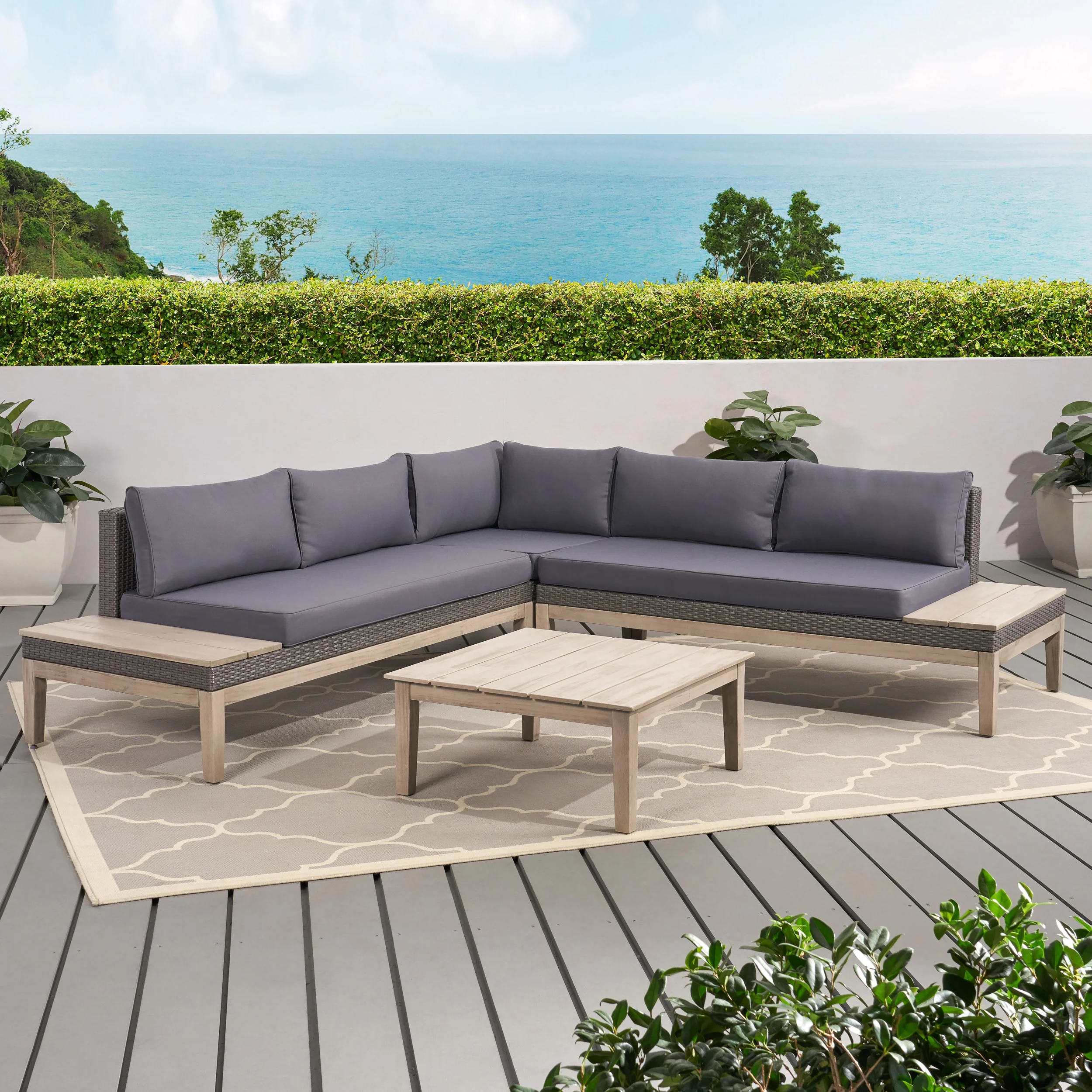 Emanuel Outdoor Acacia Wood and Wicker 5 Seater Sectional Sofa Set with Water-Resistant Cushions - furnishings