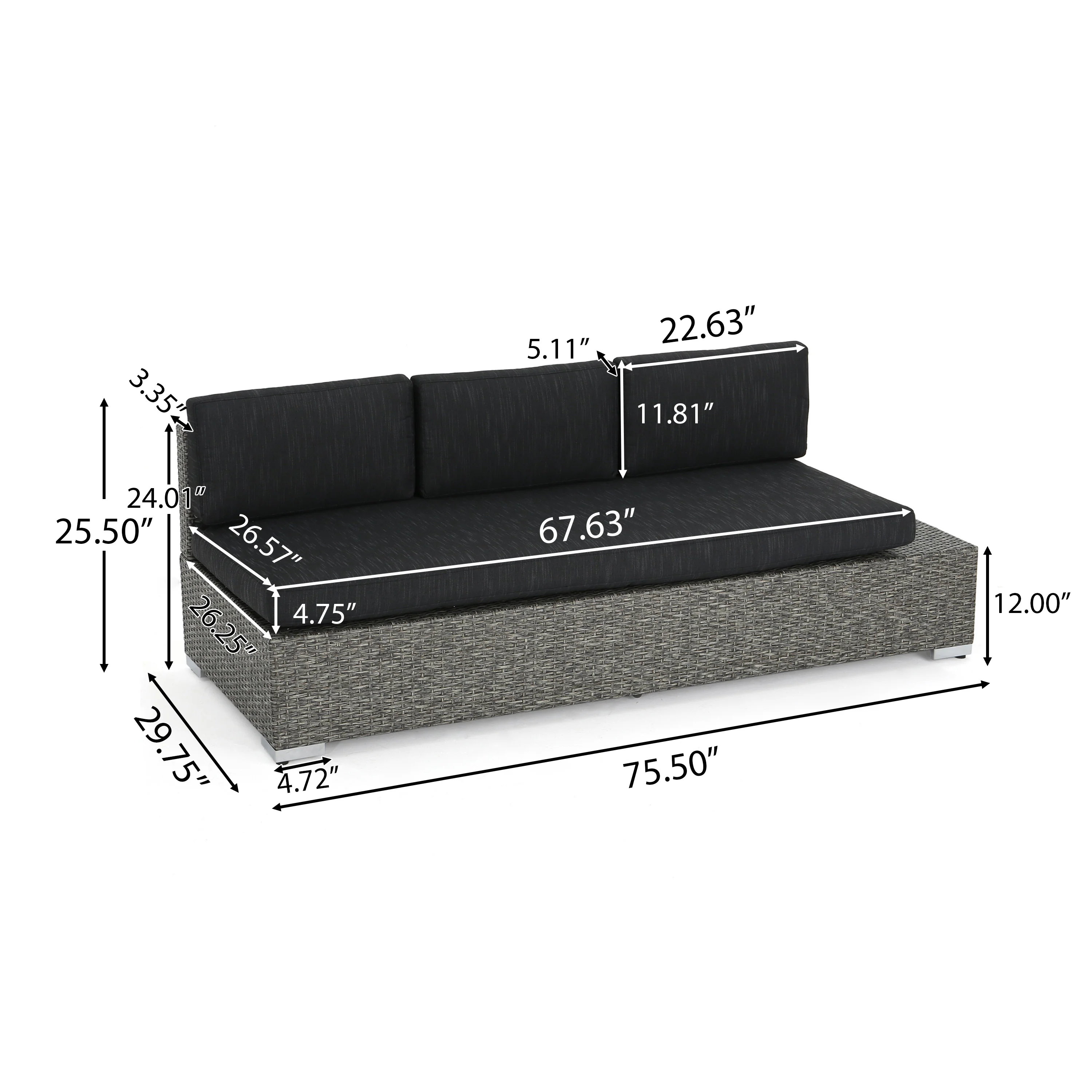 Stuart Outdoor 3 Seater Wicker Right Sofa, Mixed Black with Dark Grey Cushions - furnishings