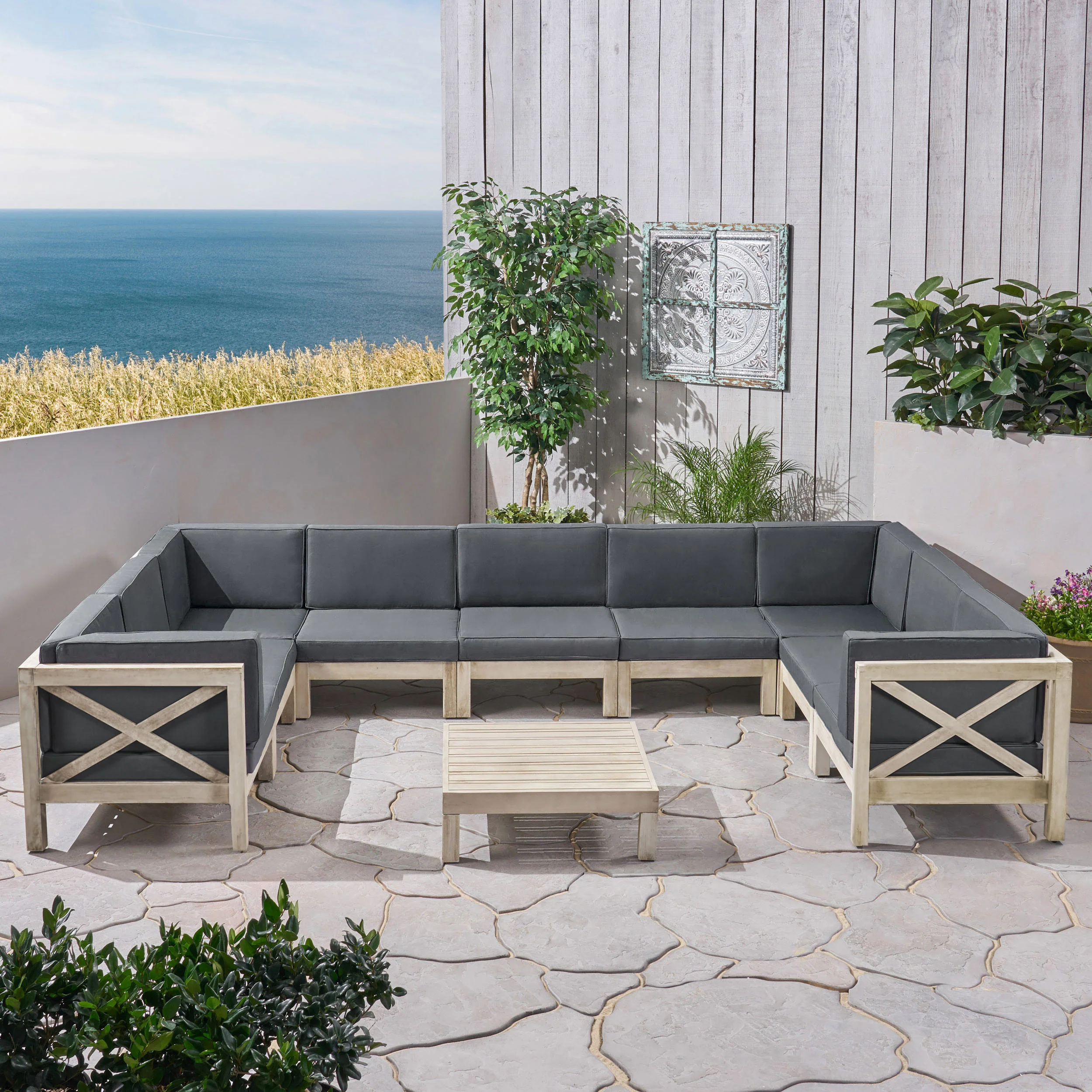 Olivia Outdoor 9 Seater Acacia Wood Sectional Sofa Set, Weathered Finish and Dark Gray - furnishings