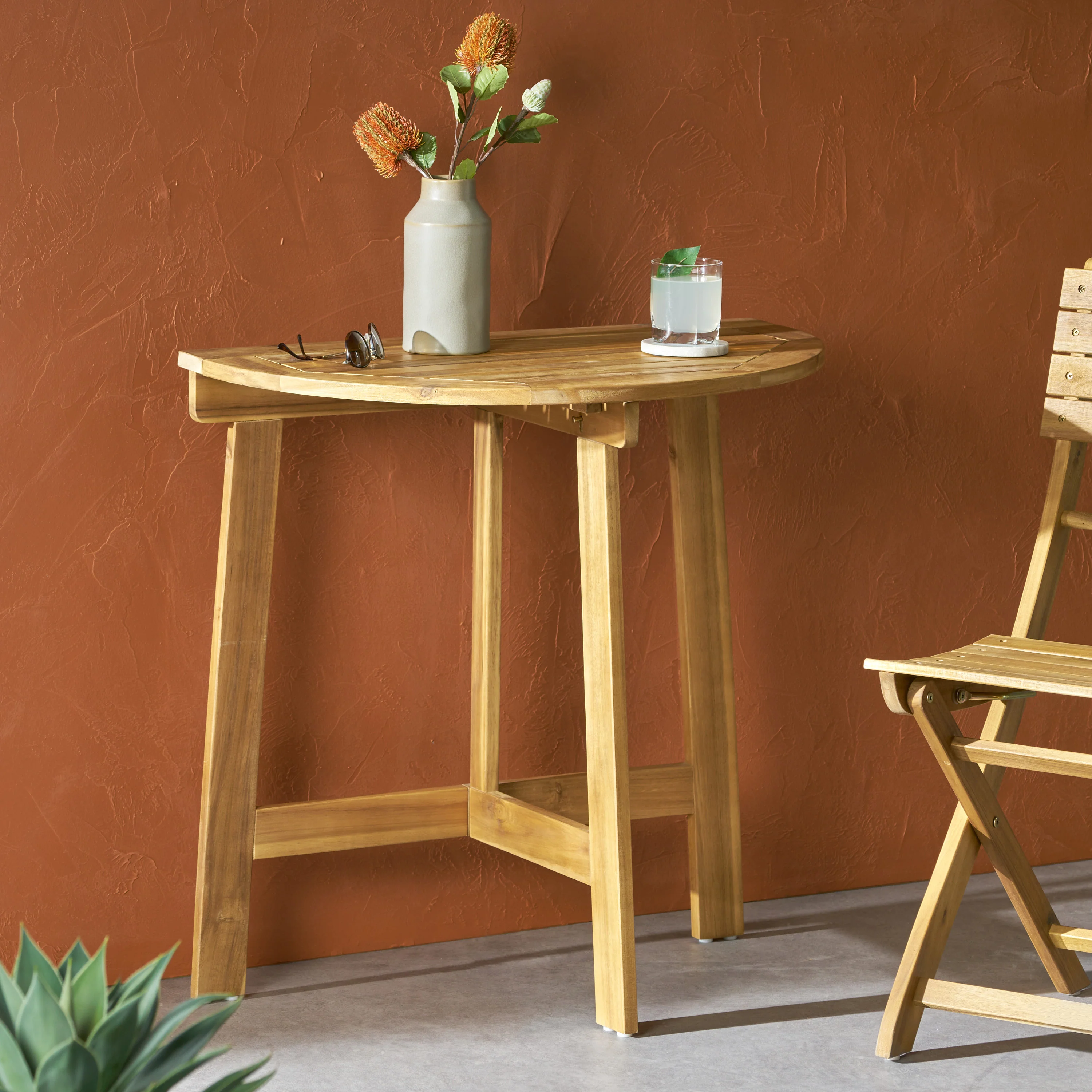 Sophia Outdoor Half-Round Acacia Wood Bistro Table - furnishings