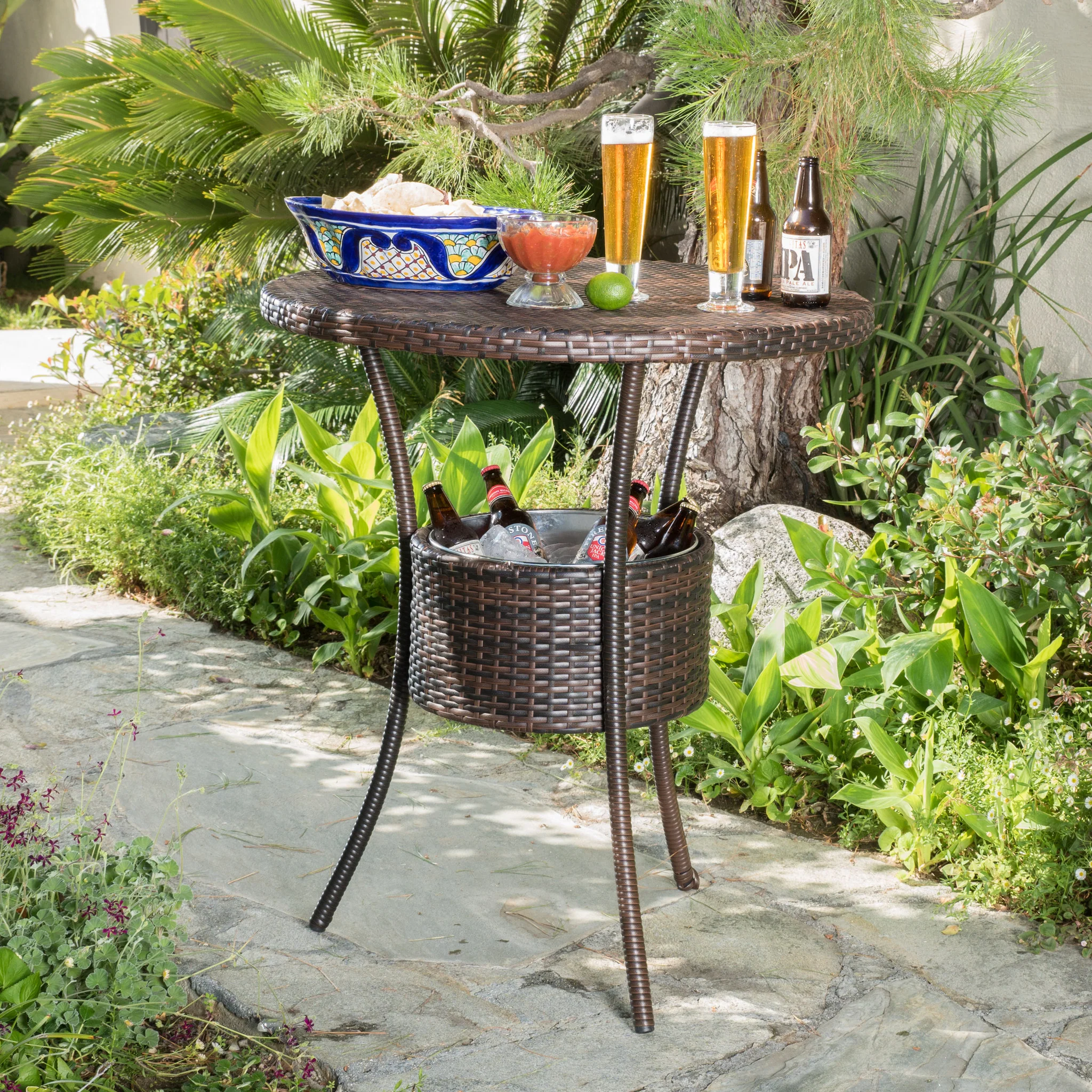 Tampa Bay Outdoor Circular Multi-Brown Wicker Dining Table with Ice Bucket - furnishings