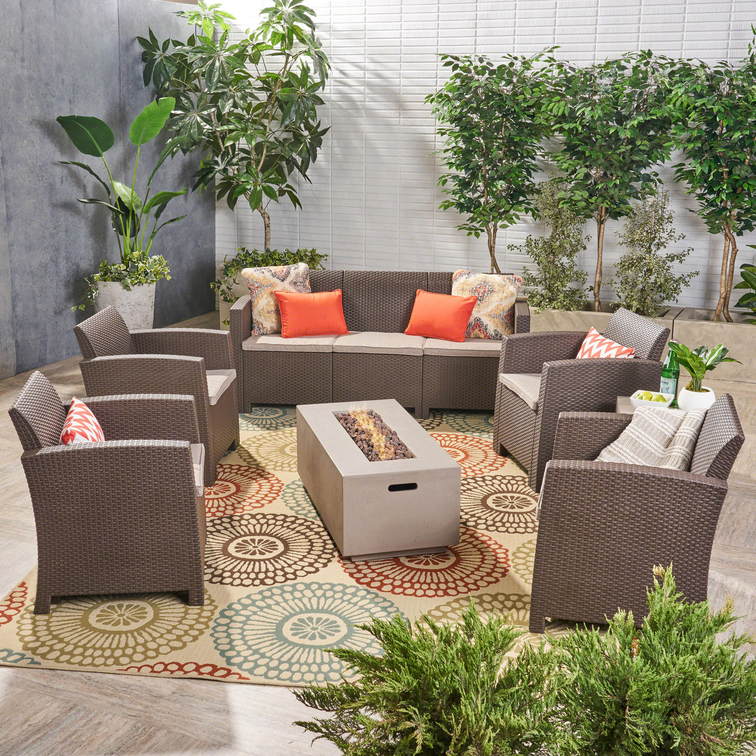 Clay Outdoor 7-Seater Wicker Print Chat Set with Fire Pit and Tank Holder - furnishings
