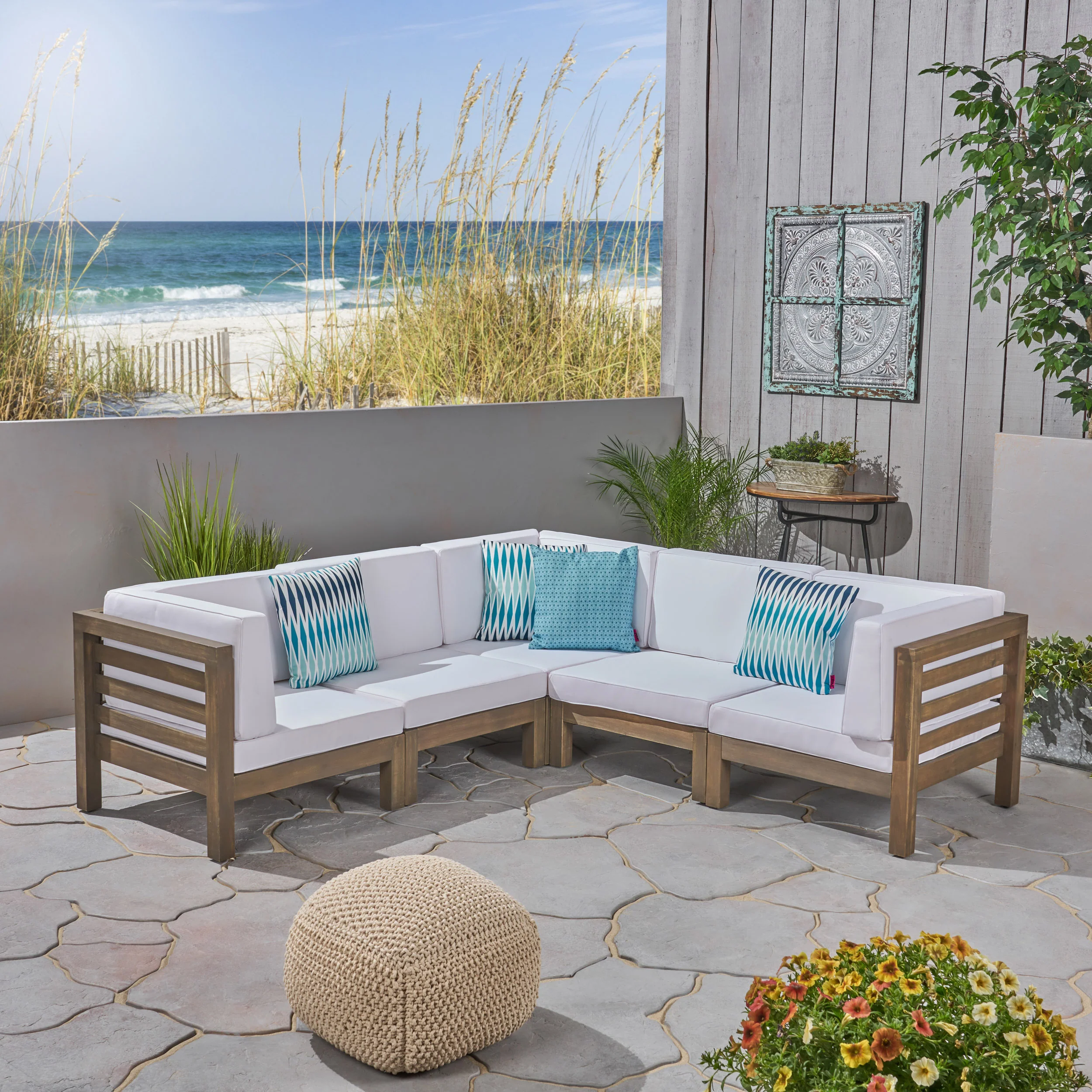 Dawson Outdoor V-Shaped Sectional Sofa Set - 5-Seater - Acacia Wood - Outdoor Cushions - furnishings