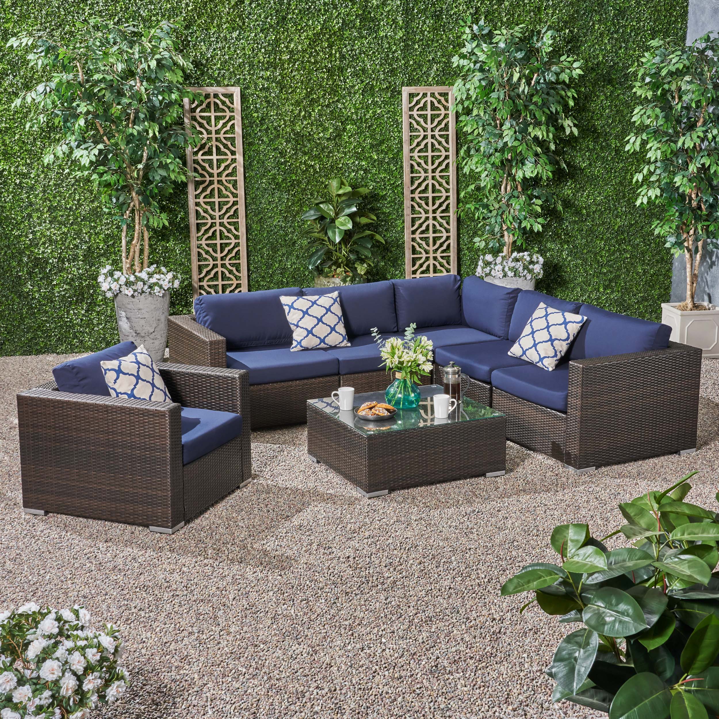 Kyra Outdoor 6 Seater Wicker Sectional Sofa Set with Sunbrella Cushions - furnishings