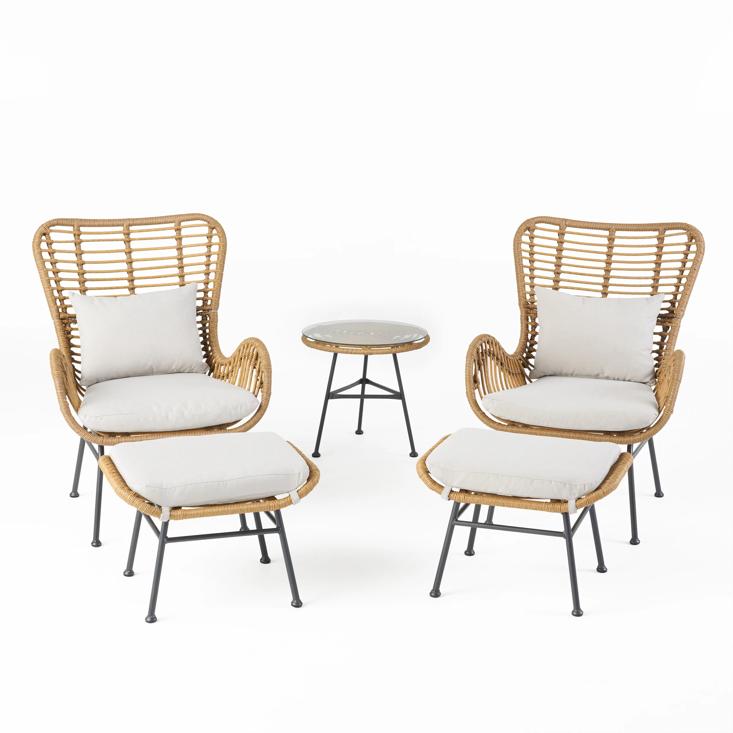 Pooneli Outdoor 5 Piece Wicker Chat Set with Ottomans - furnishings