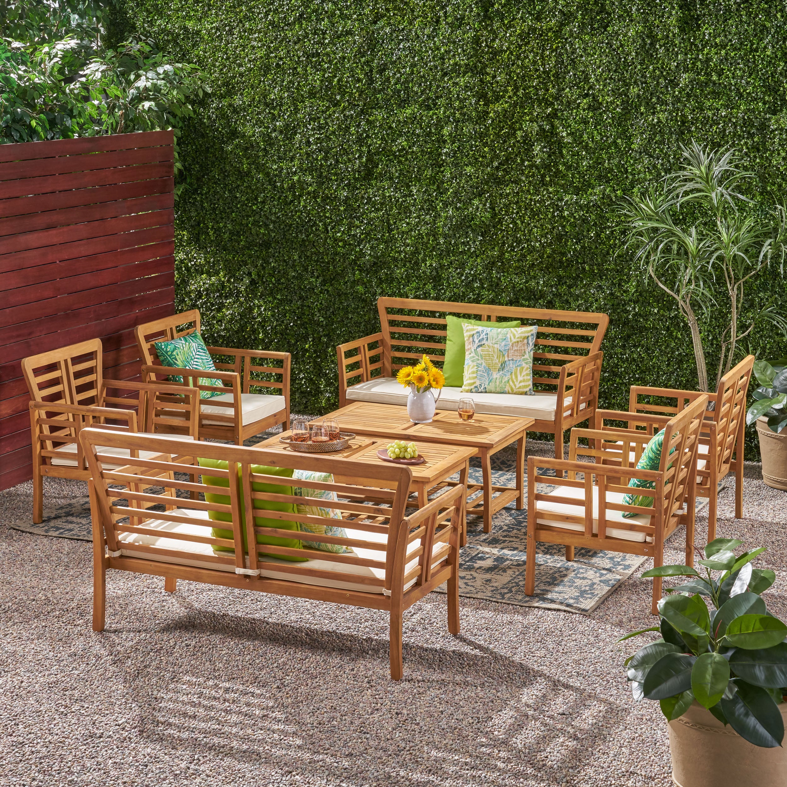 Louis Outdoor Modern Acacia Wood 8 Seater Chat Set with Cushions - furnishings