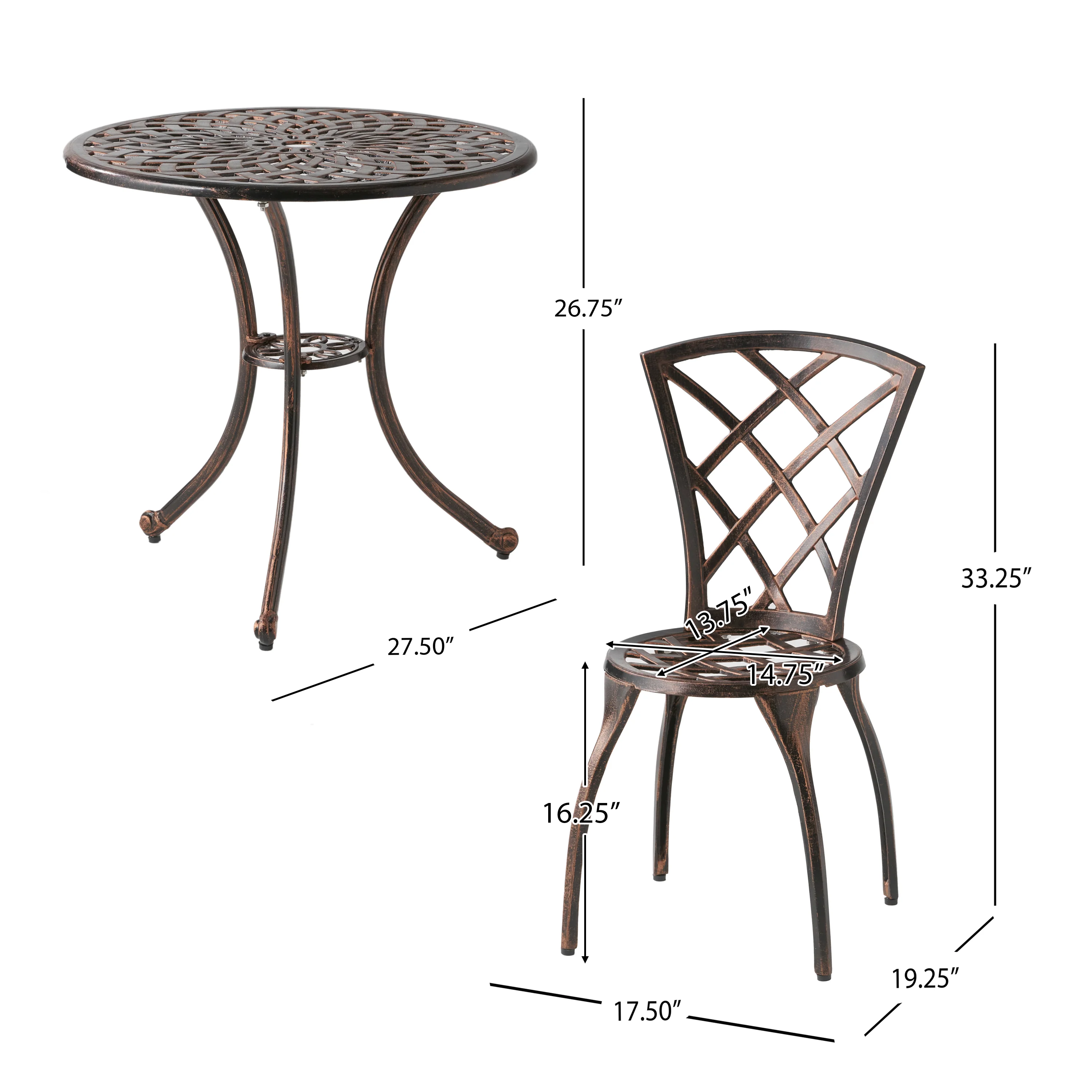 Glenbrook Traditional Outdoor Copper Cast Aluminum Bistro Set with Umbrella Hole - furnishings