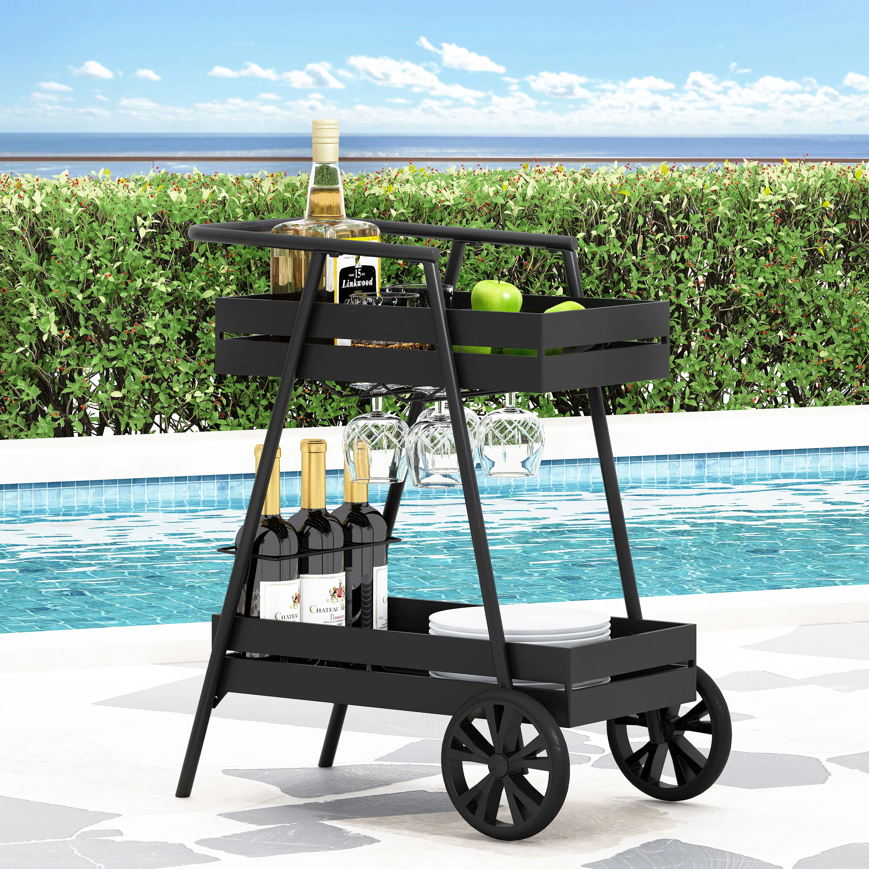 Wolfeboro Outdoor Metal 2 Tiered Bar Cart, Matte Black - furnishings