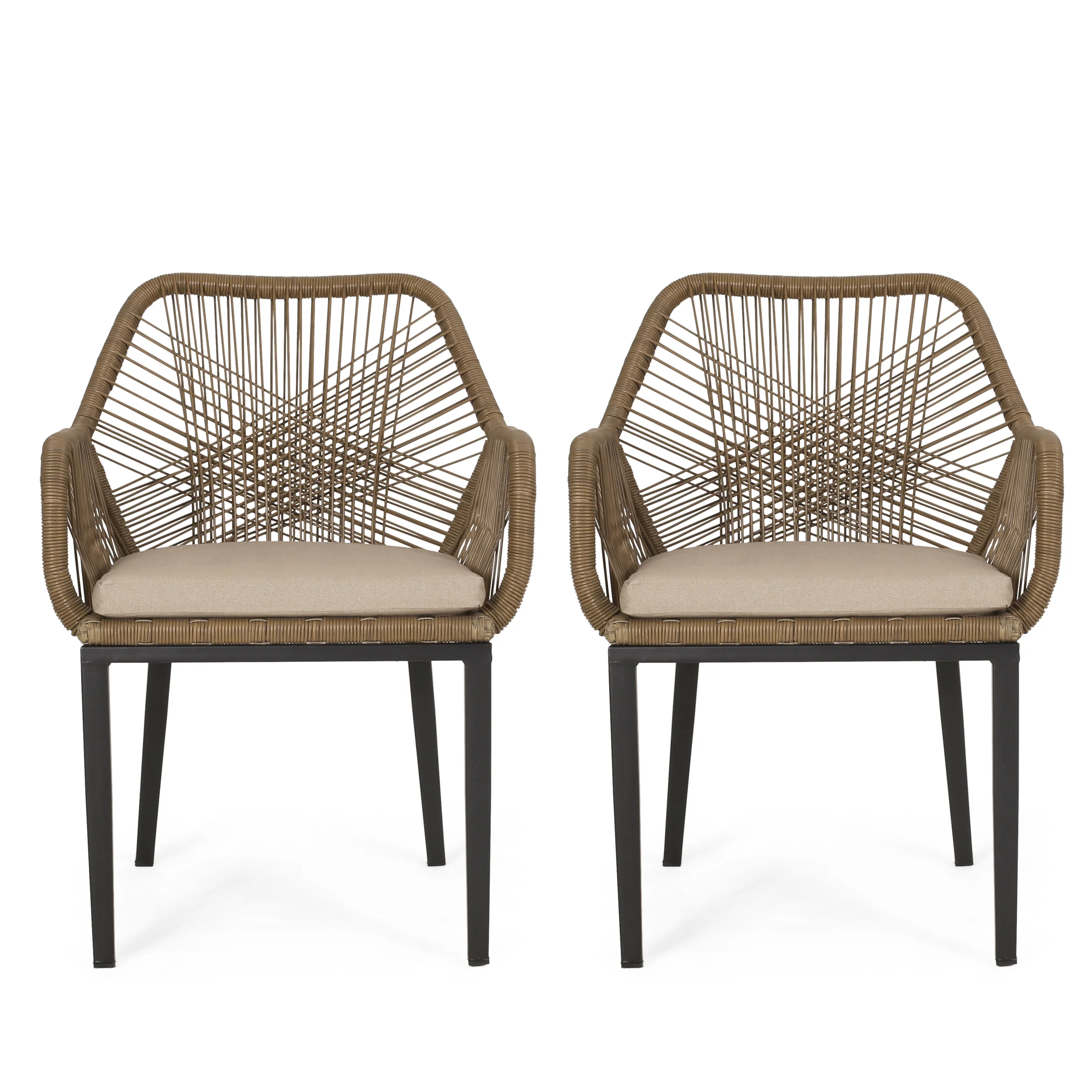 Fromberg Outdoor Wicker Dining Chair with Cushion, Set of 2, Light Brown and Beige - furnishings