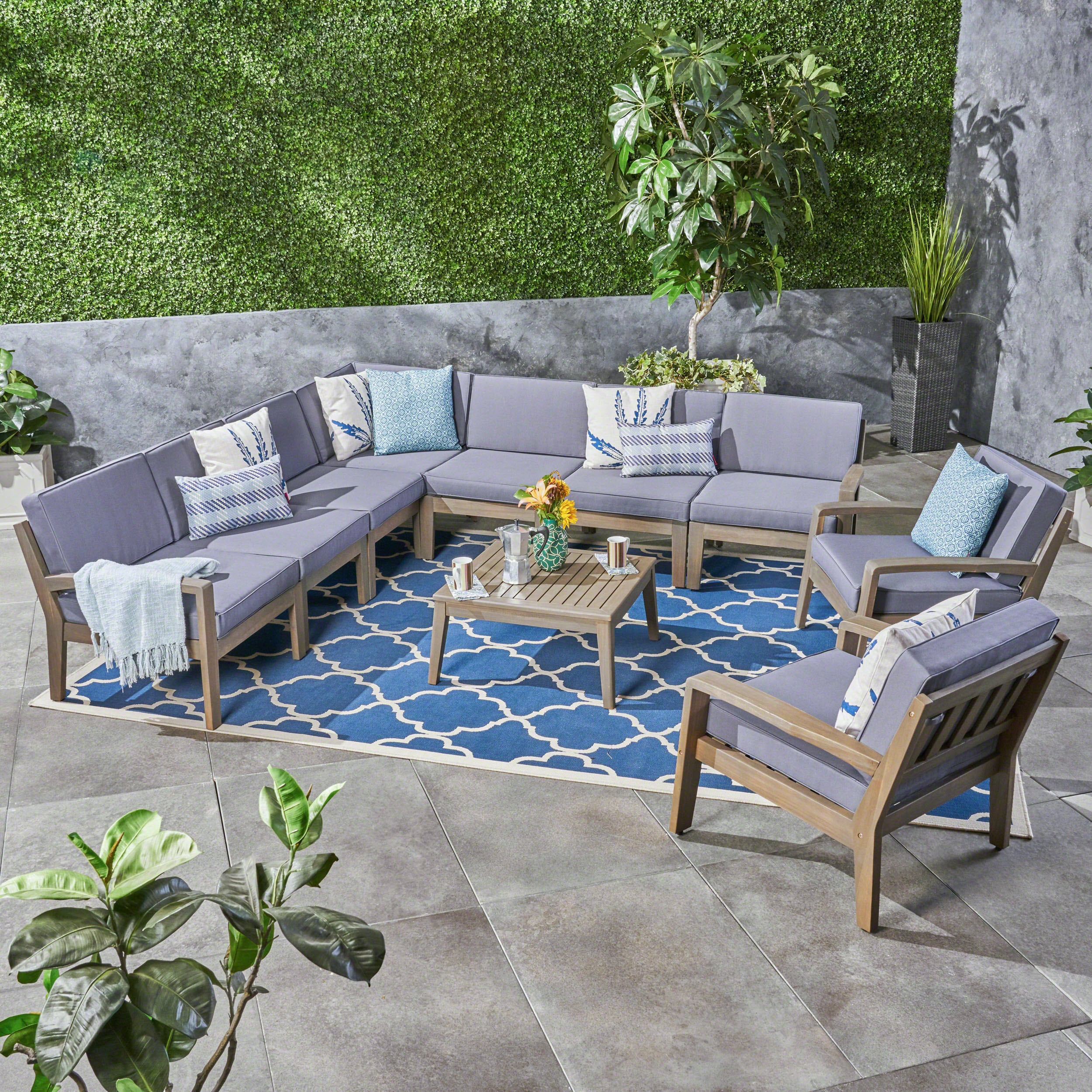 Madeline Outdoor Acacia Wood 9 Seater Sectional Sofa and Club Chair Set with Coffee Table - furnishings