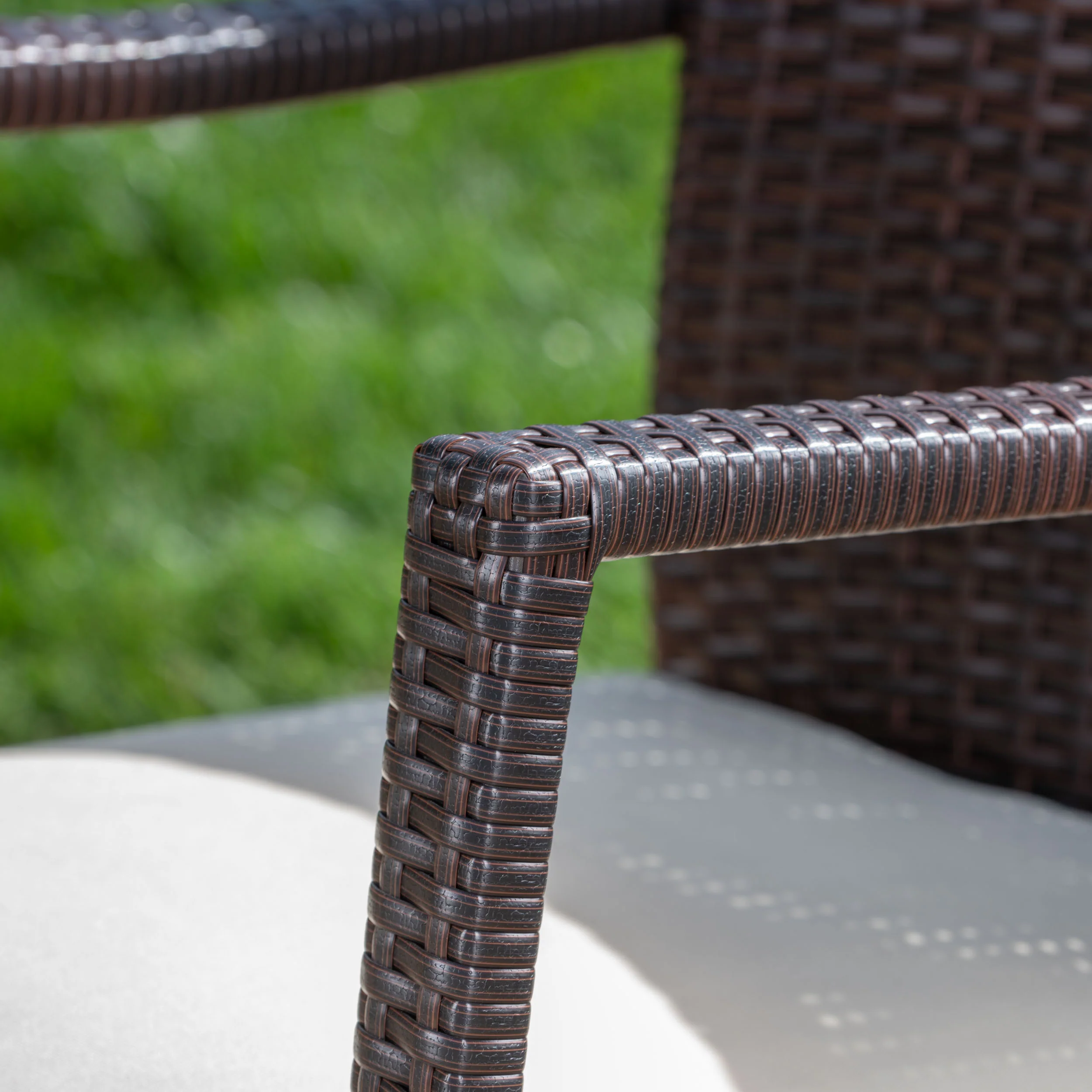 Leyam Outdoor 3 Piece Acacia Wood/ Wicker Bistro Set with Cushions, Teak Finish and Brown with Cr?¡ì?¡ìme - furnishings