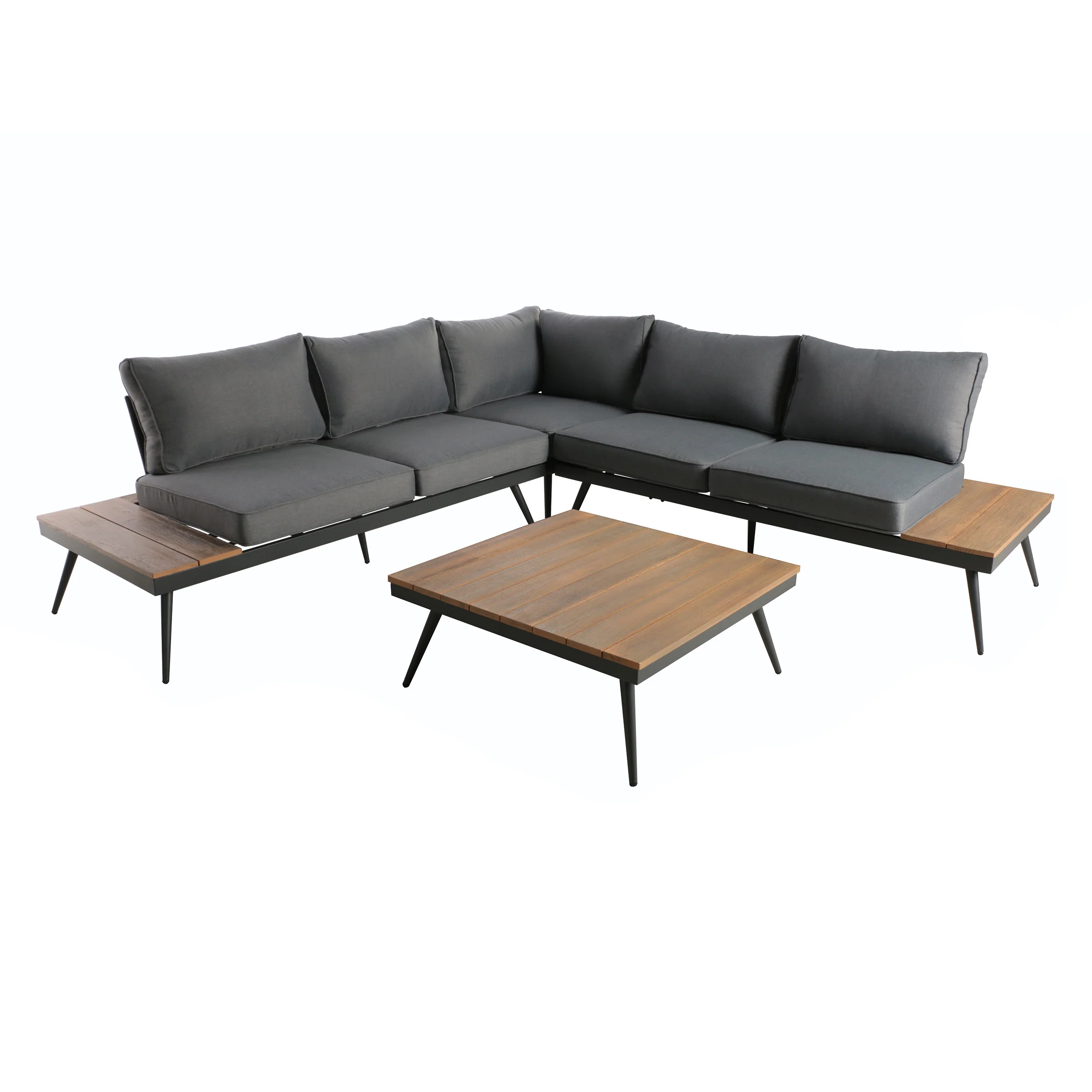 Deborah Outdoor Wood and Aluminum V-Shaped 5 Seater Sofa Set - furnishings