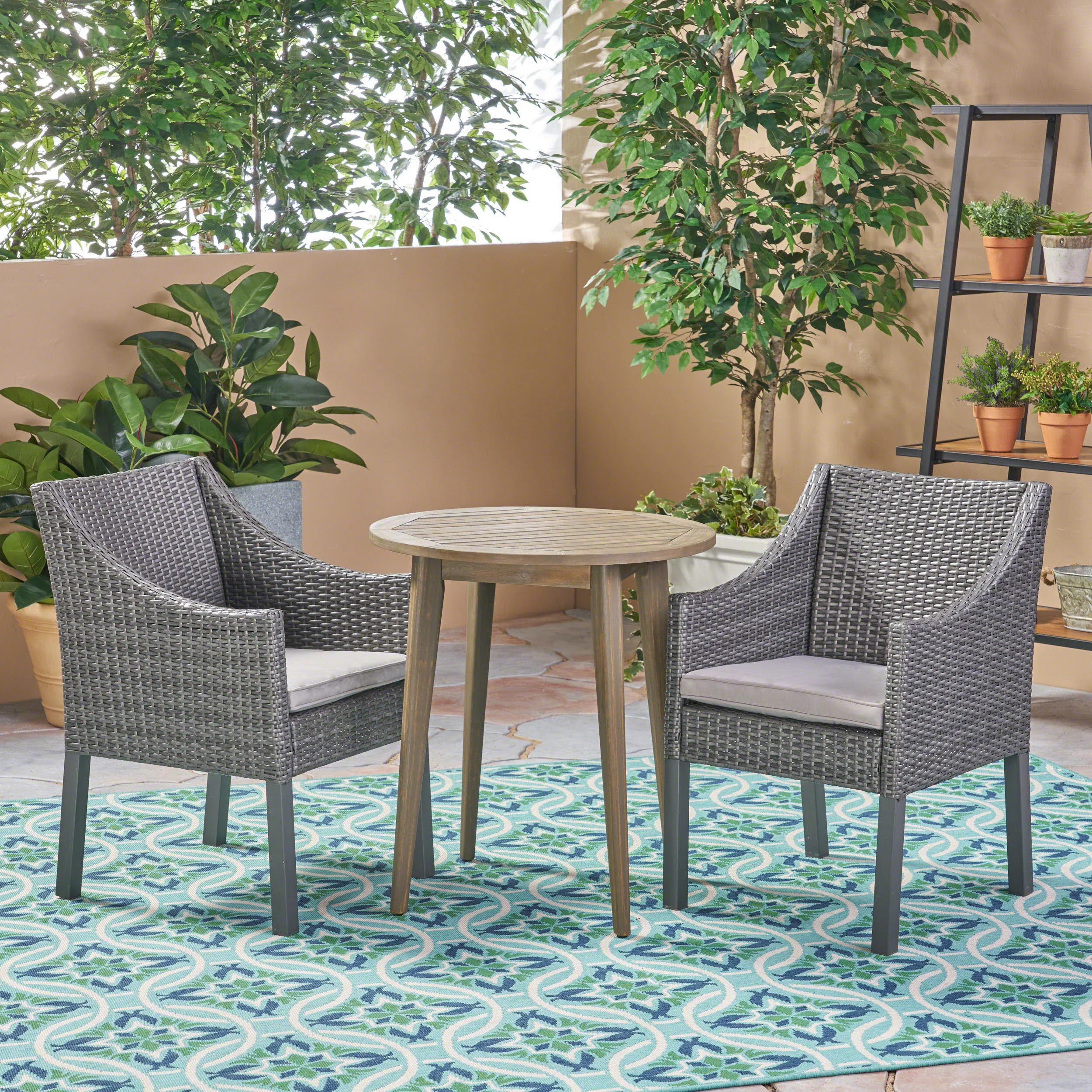 Jean Outdoor 3 Piece Wood  and Wicker Bistro Set - furnishings