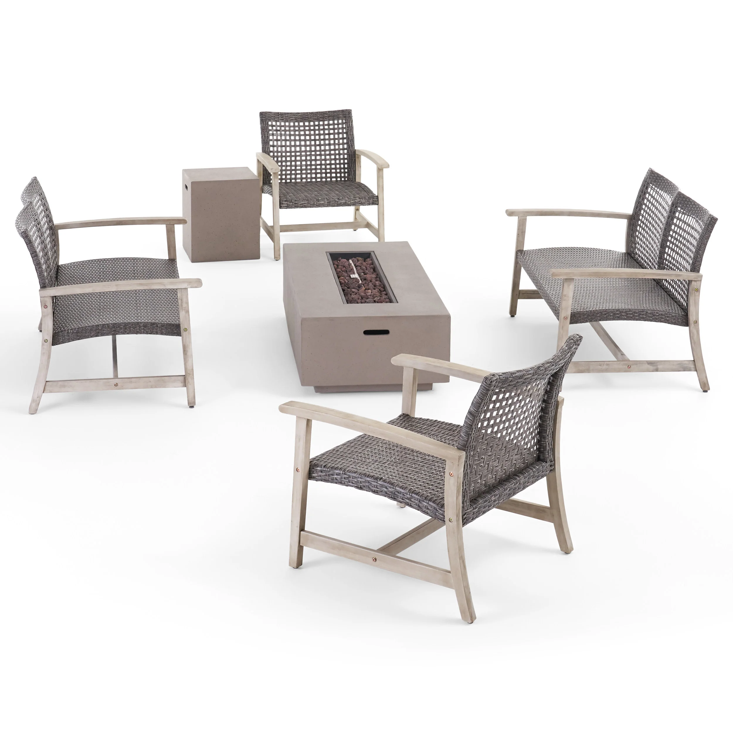 Tabby Outdoor 6 Seater Wood and Wicker Chat Set with Fire Pit - furnishings