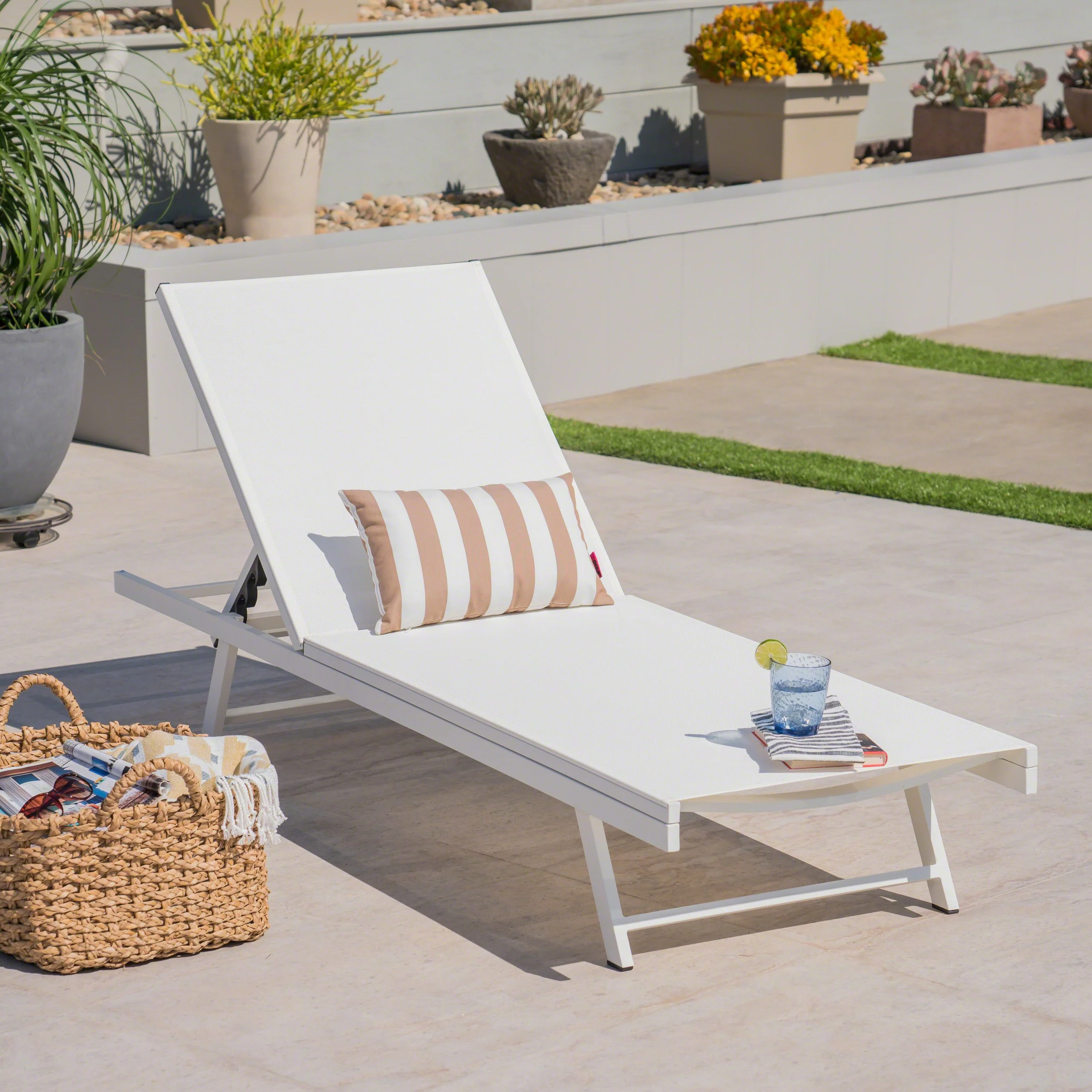 Simon Outdoor Aluminum and Mesh Chaise Lounge - furnishings