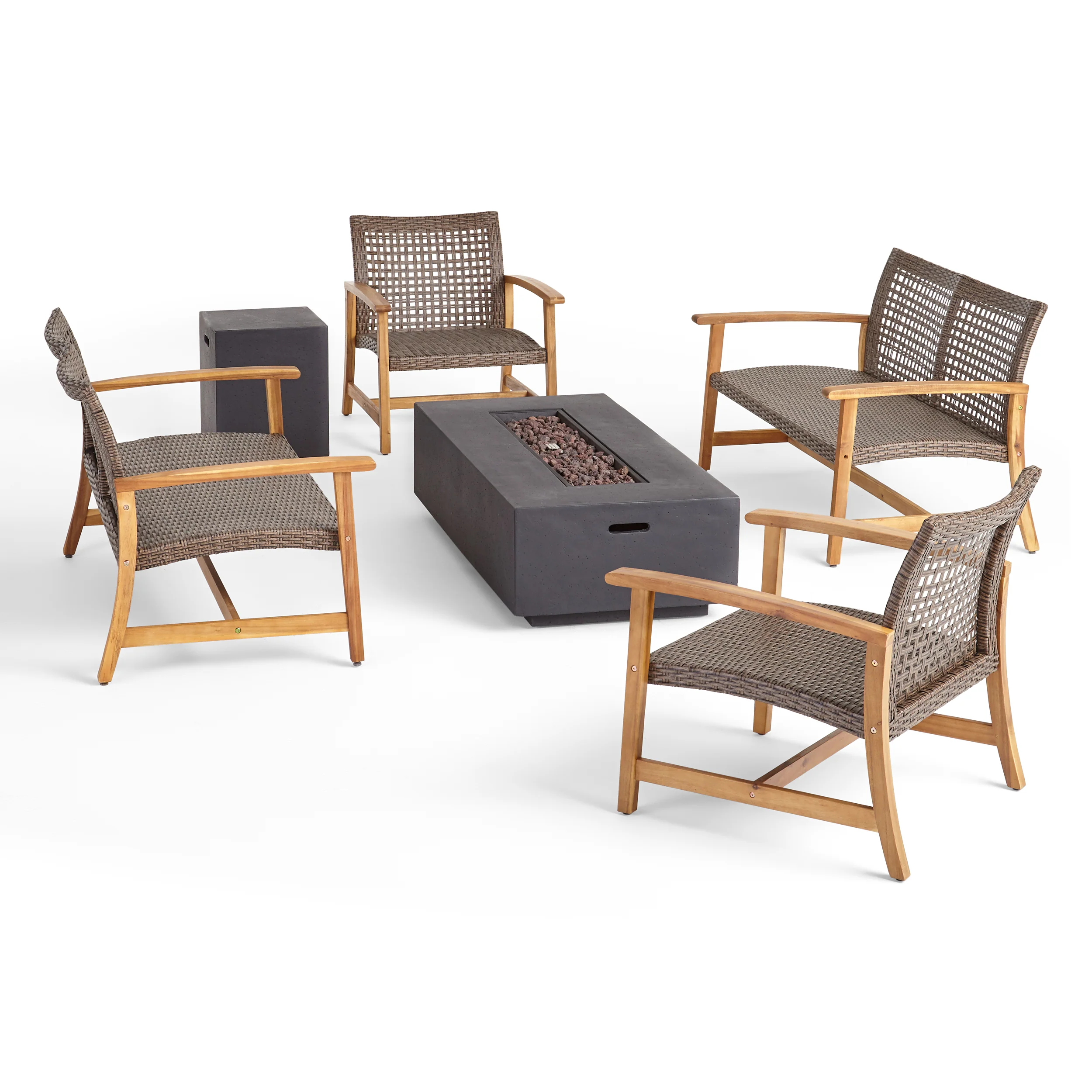 Tabby Outdoor 6 Piece Wood and Wicker Chat Set with Fire Pit - furnishings