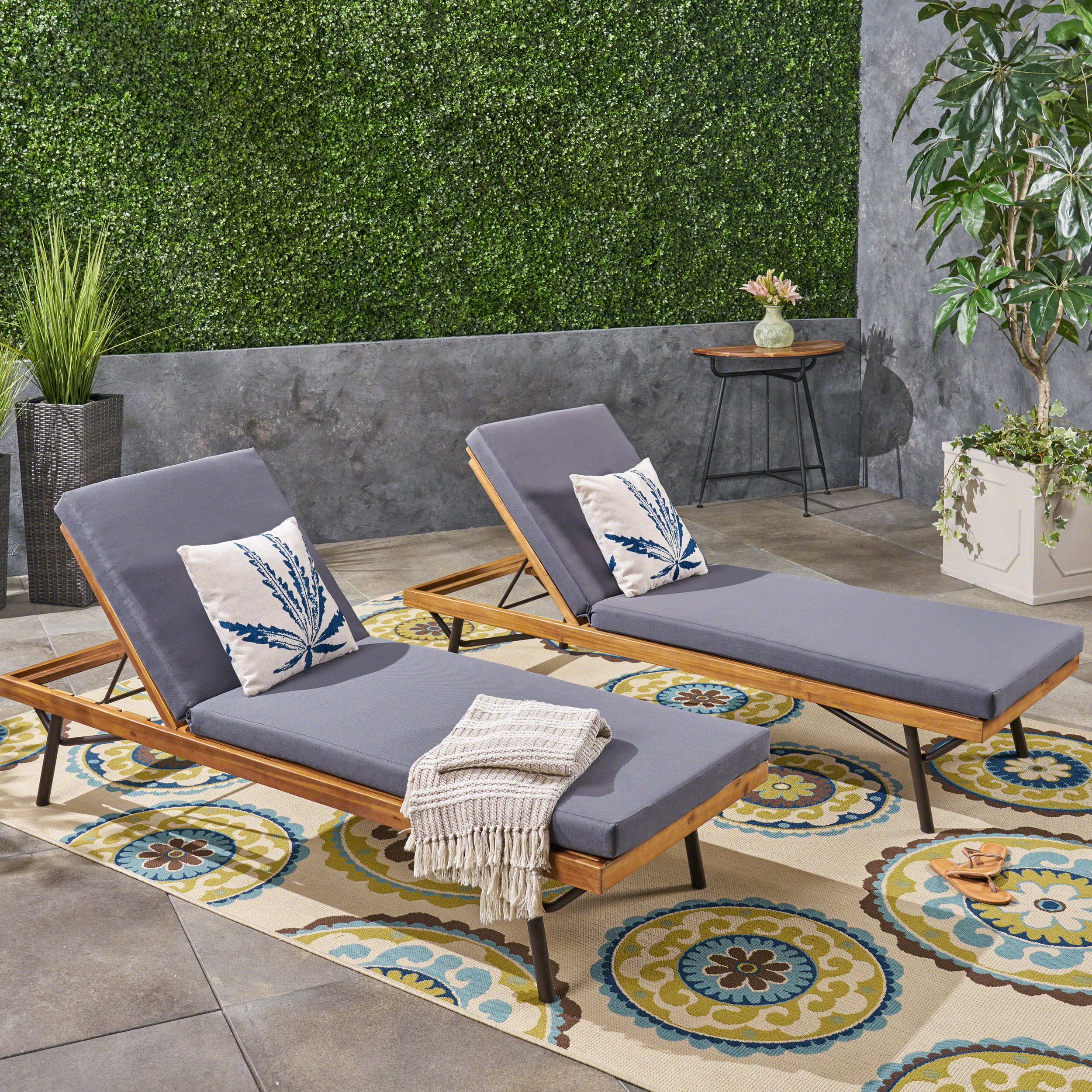 Eileen Outdoor Chaise Lounges, Acacia Wood and Eucalyptus, Outdoor Cushions, Teak, Rustic Metal, Dark Gray (Set of 2) - furnishings