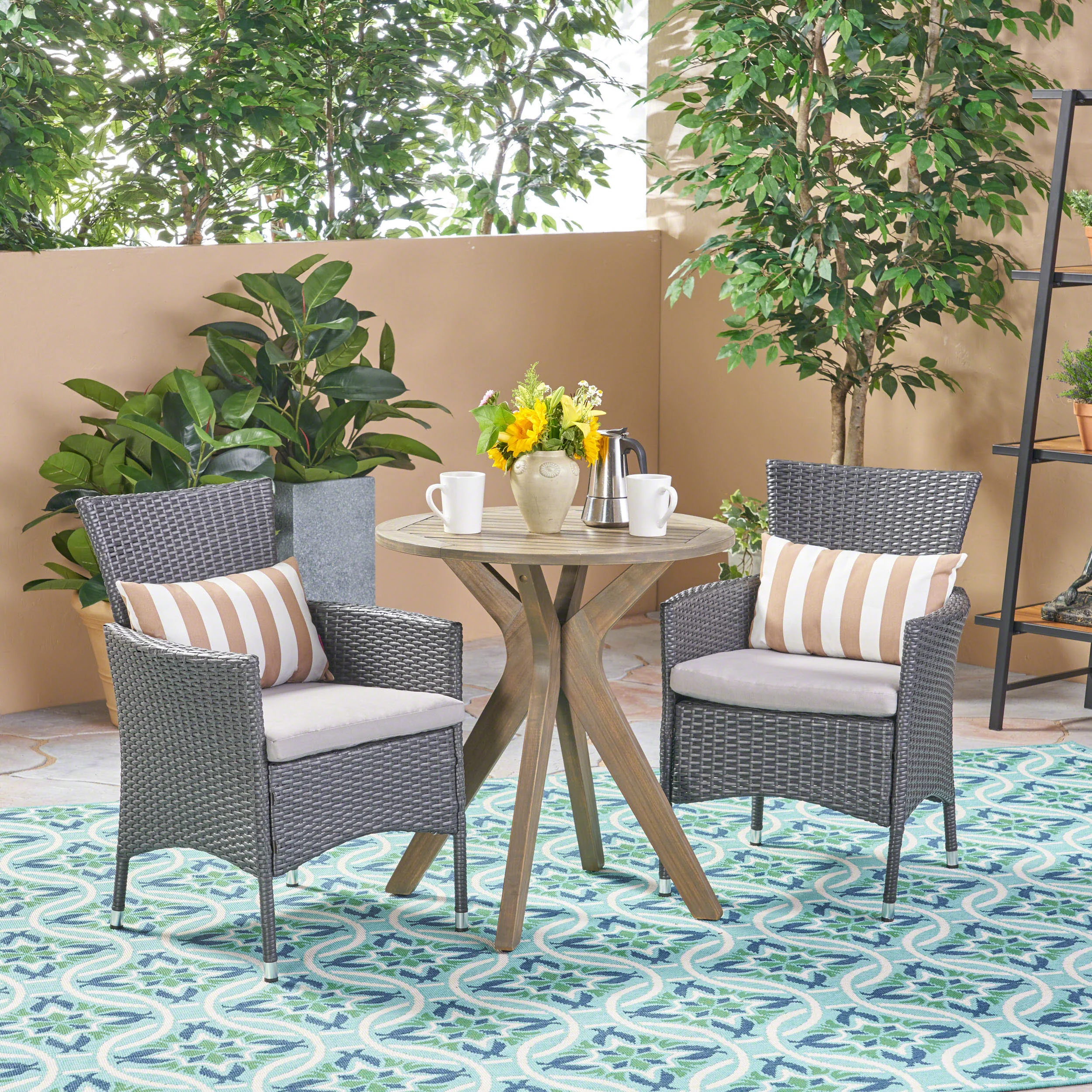 Poe Outdoor 3 Piece Acacia Wood and Wicker Bistro Set - furnishings
