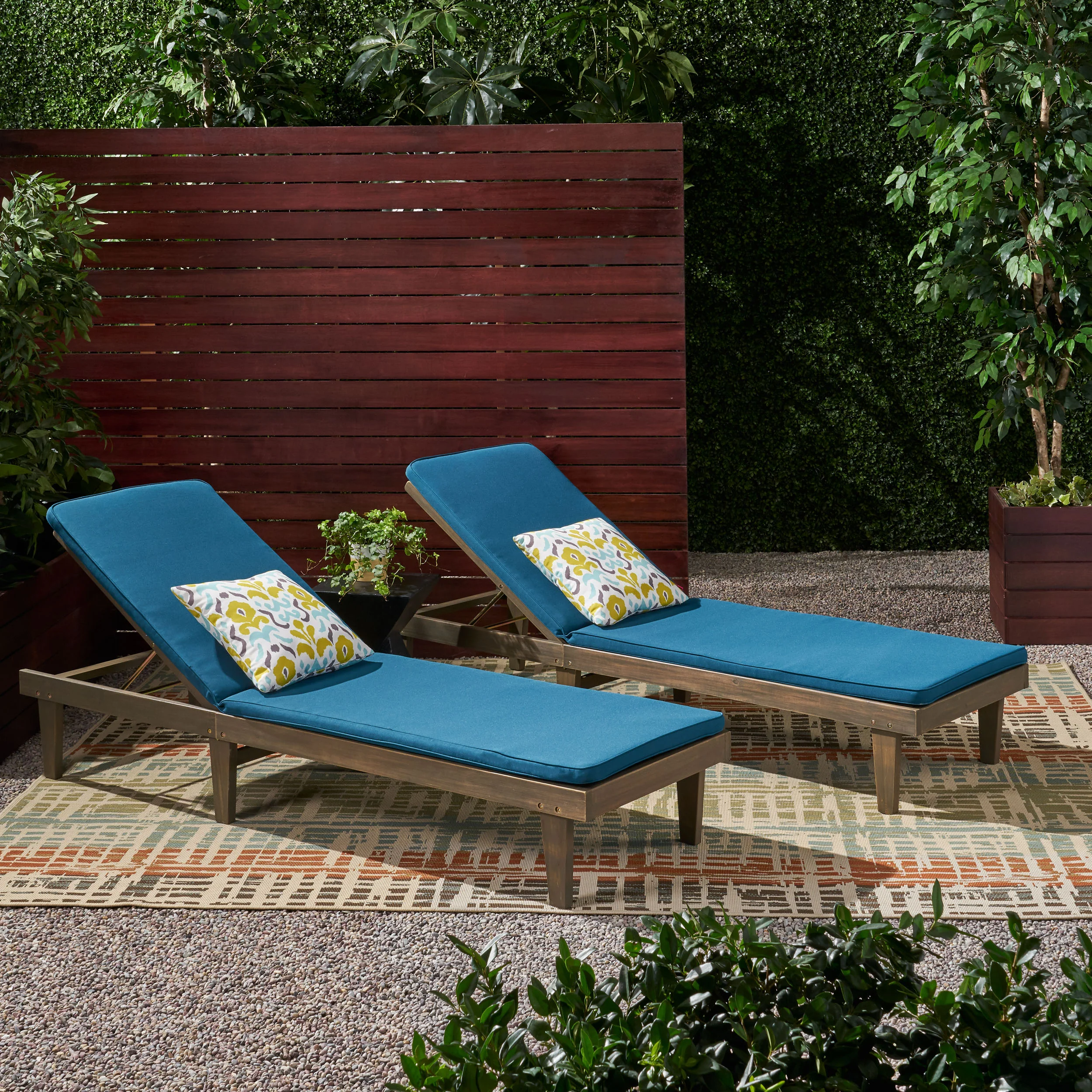 Nadine Outdoor Modern Acacia Wood Chaise Lounge with Cushion (Set of 2) - furnishings