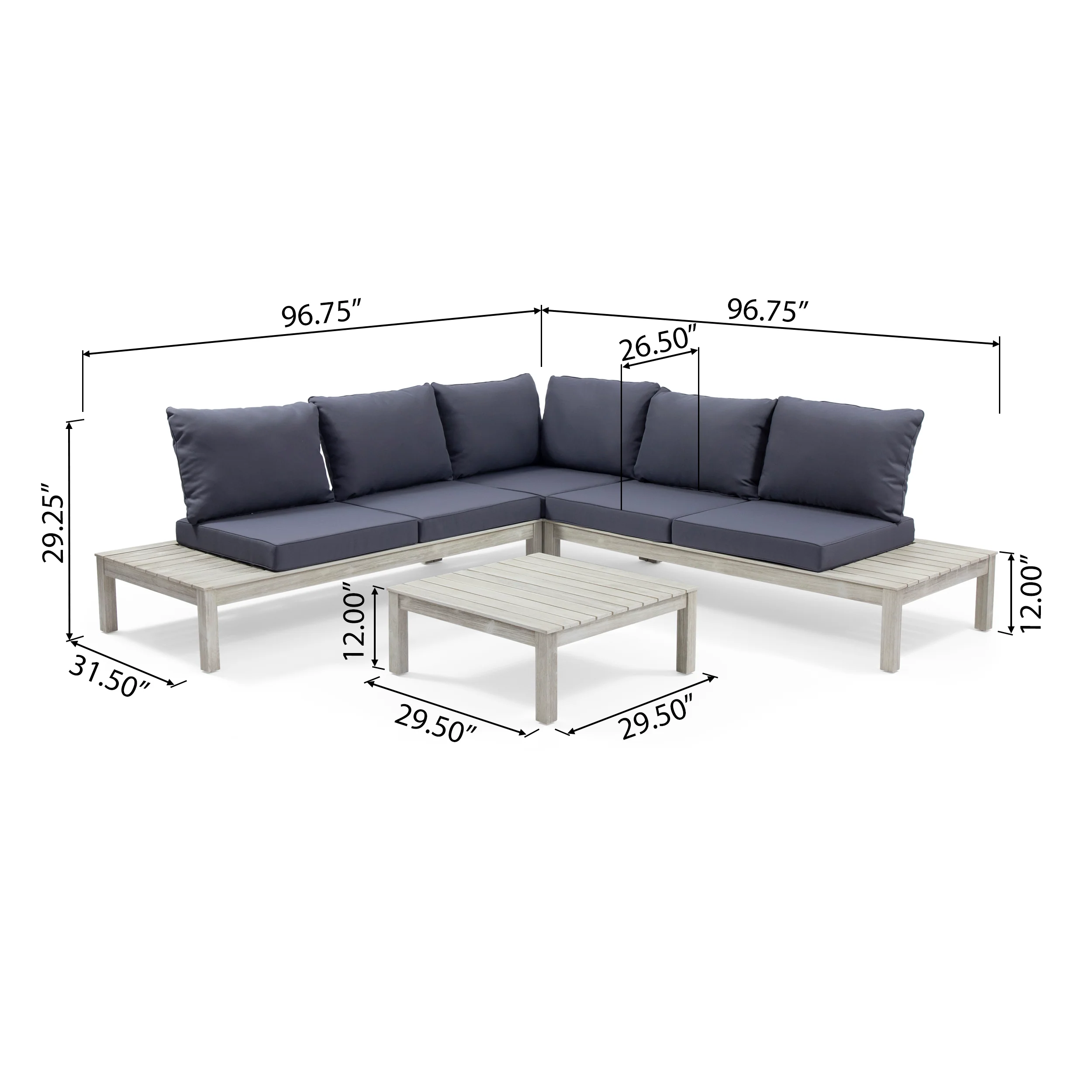 Vashti Outdoor 5 Seater V Shaped Acacia Wood Sectional Sofa Set with Cushions - furnishings