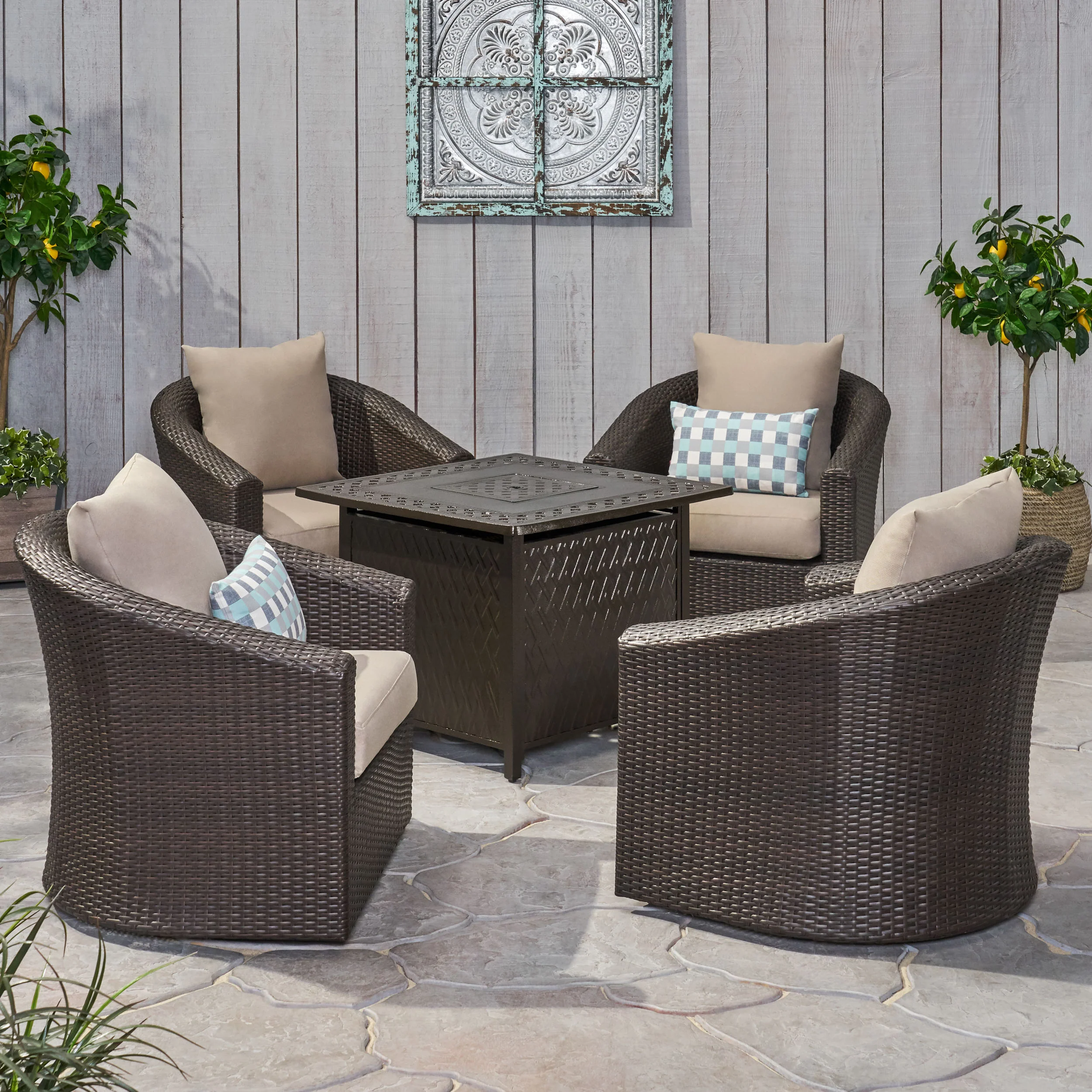 Dillard Outdoor 4 Seater Wicker Swivel Chair and Fire Pit Set - furnishings