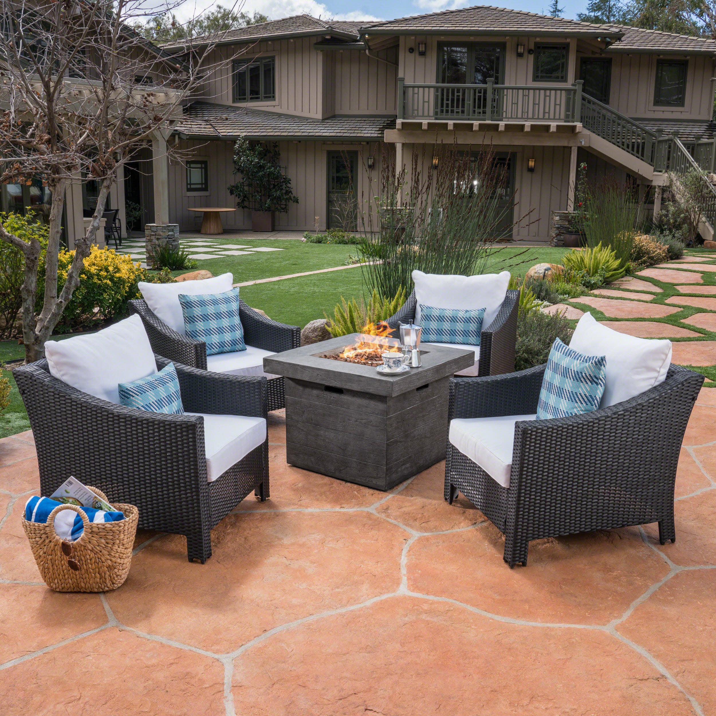 Dione Outdoor 5 Piece Black Wicker Club Chairs Fire Pit Chat Set - furnishings