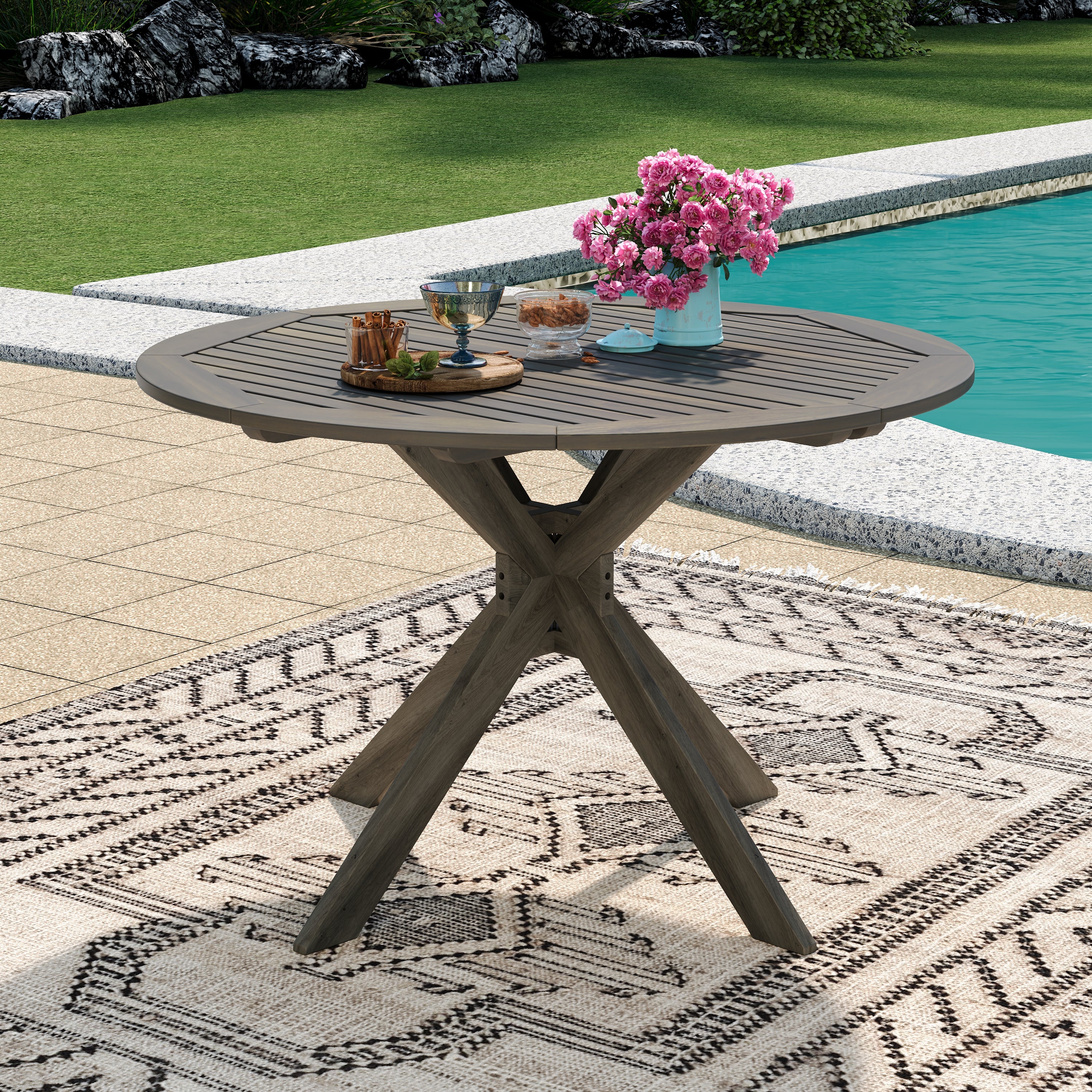 Stanford Outdoor Round Acacia Wood Dining Table with X Base, Gray - furnishings