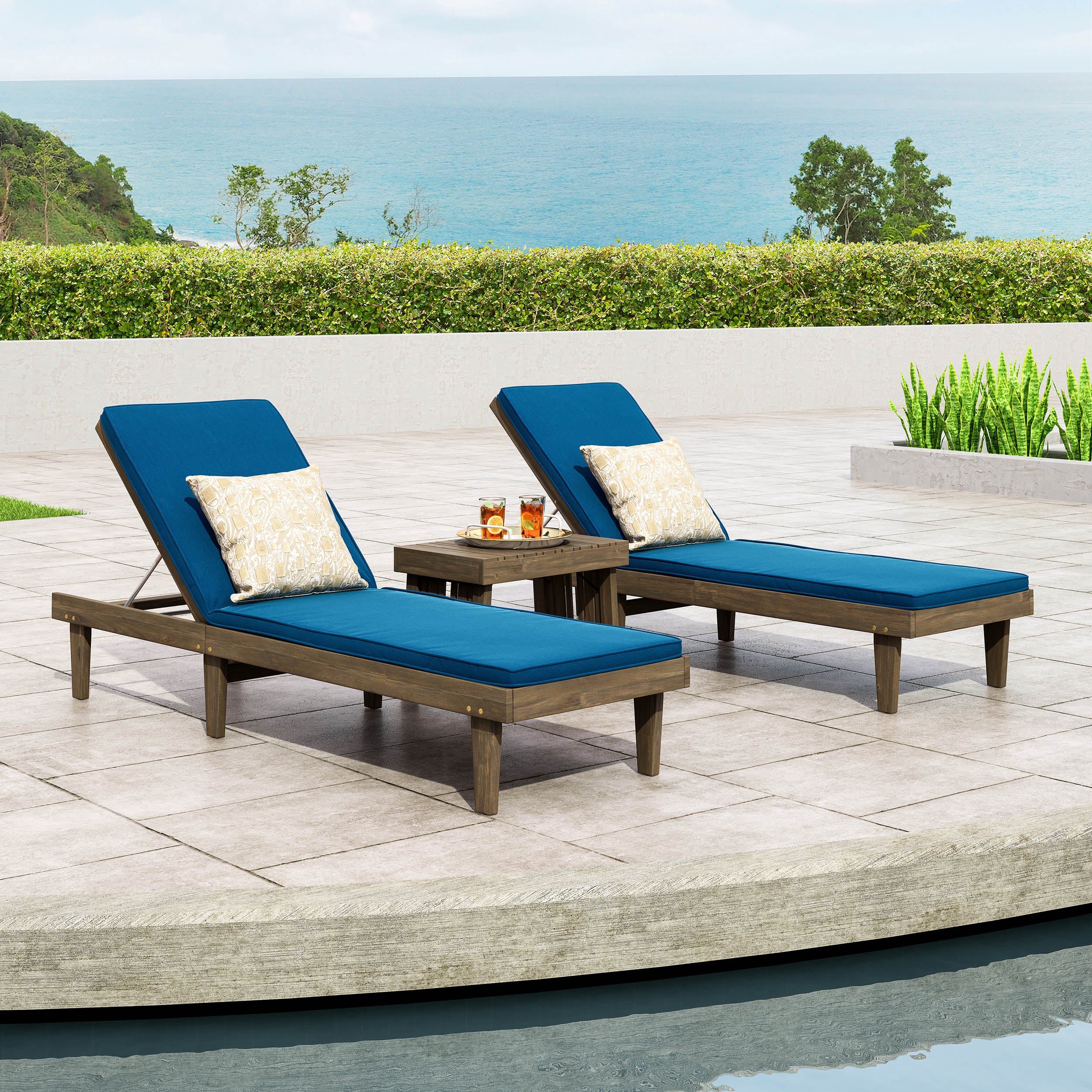 Addisyn Outdoor Acacia Wood 3 Piece Chaise Lounge Set with Water-Resistant Cushions - furnishings